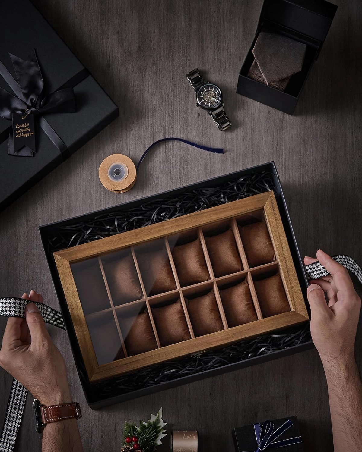 SONGMICS Watch Box, 12-Slot Watch Case, Solid Wood Watch Box Organizer with Glass Lid, Rustic Walnut UJOW120K01