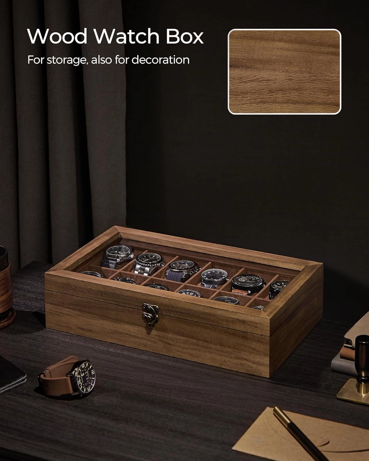 SONGMICS Watch Box, 12-Slot Watch Case, Solid Wood Watch Box Organizer with Glass Lid, Rustic Walnut UJOW120K01