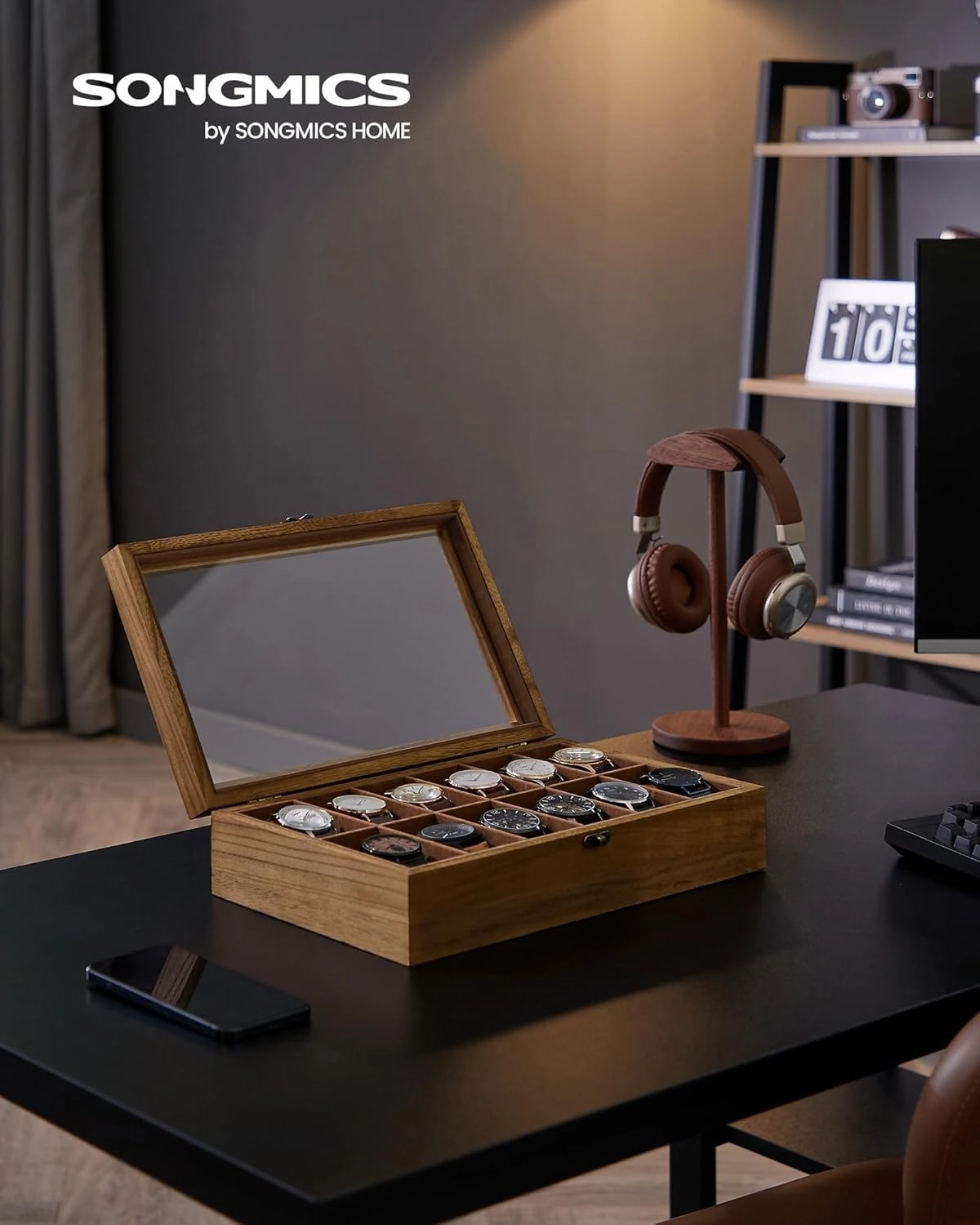 SONGMICS Watch Box, 12-Slot Watch Case, Solid Wood Watch Box Organizer with Glass Lid, Rustic Walnut UJOW120K01