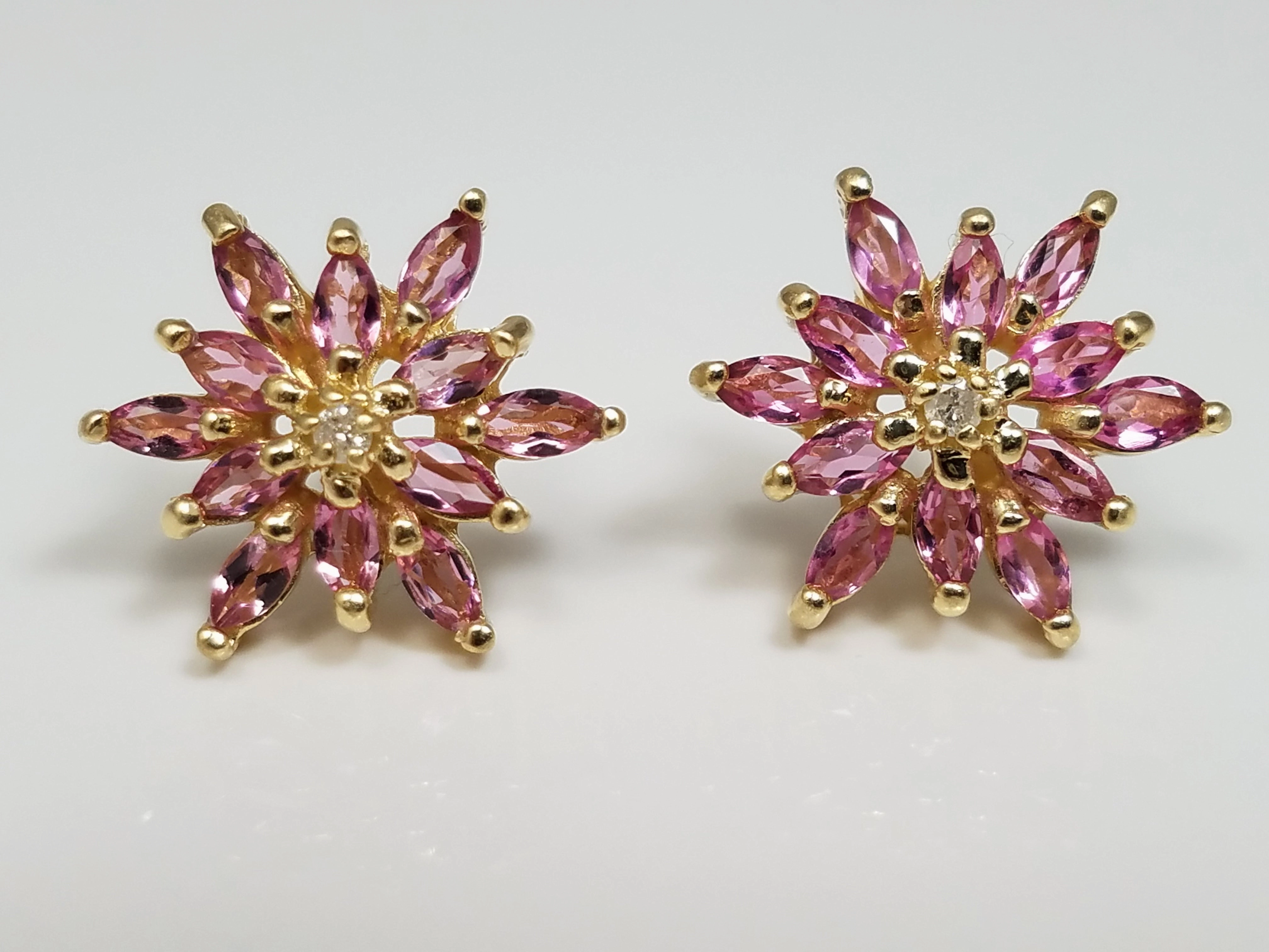 Sophisticated 14k Yellow Gold Natural Tourmaline Diamond Flower Earrings