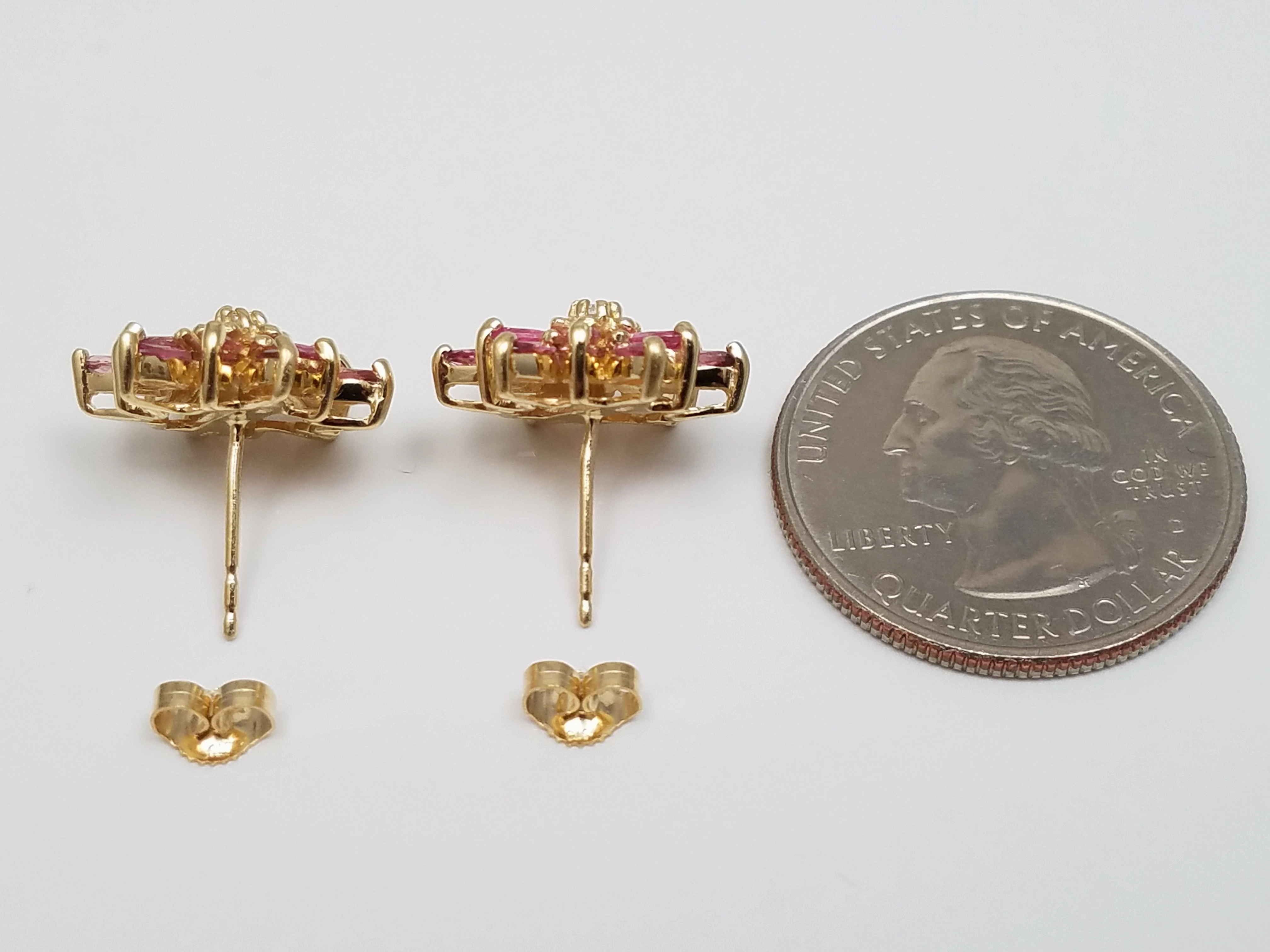 Sophisticated 14k Yellow Gold Natural Tourmaline Diamond Flower Earrings