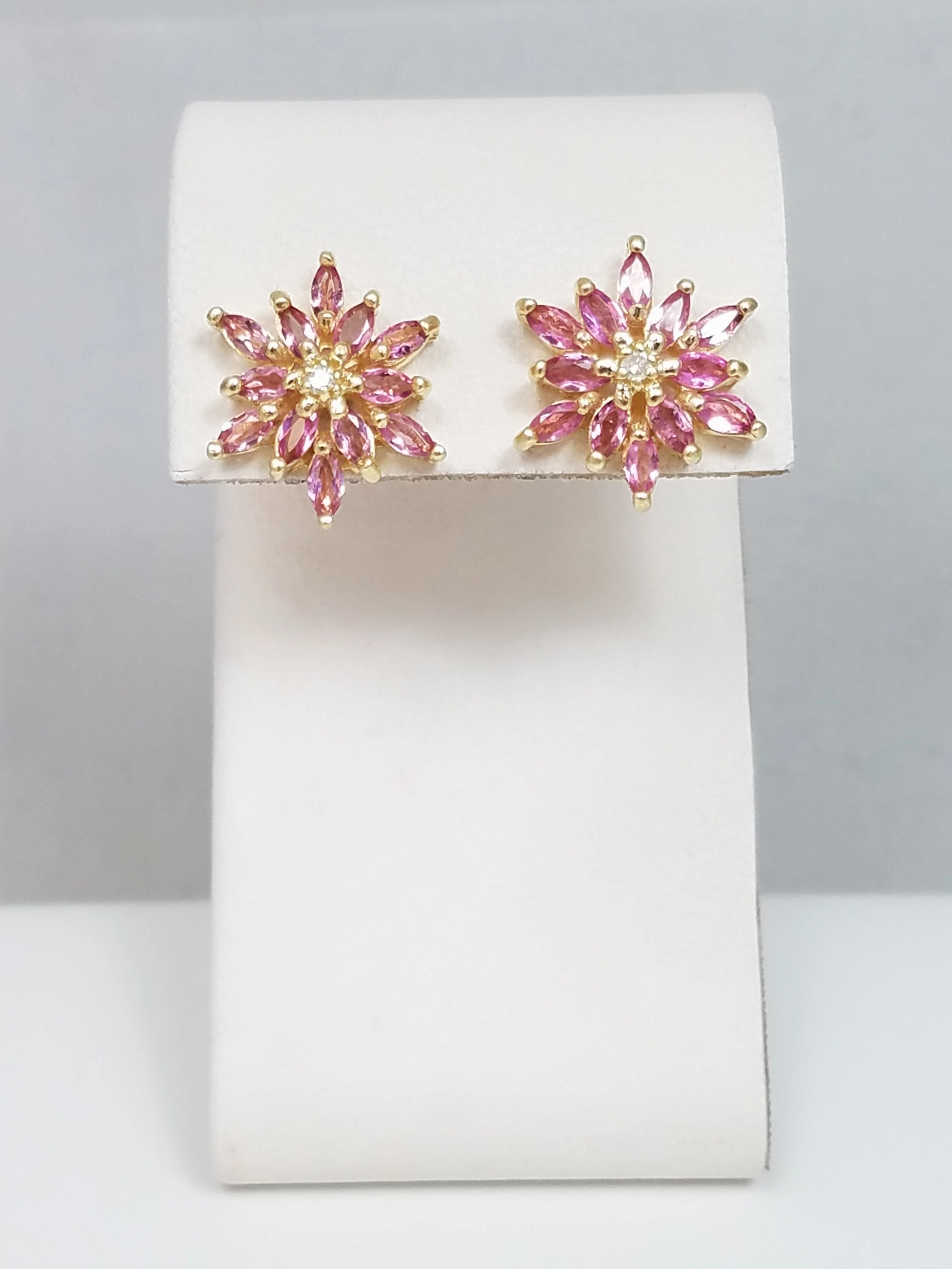 Sophisticated 14k Yellow Gold Natural Tourmaline Diamond Flower Earrings