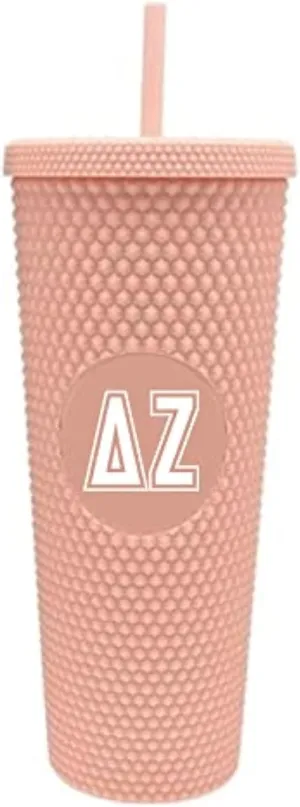 Sorority Shop Delta Zeta Studded Tumbler with Straw - 24 Oz Tumbler with Lid and Straw, Matte Coral, Reusable Plastic Cup with Screen Printed Greek Letters for Water, Ice Coffee or Any Drink