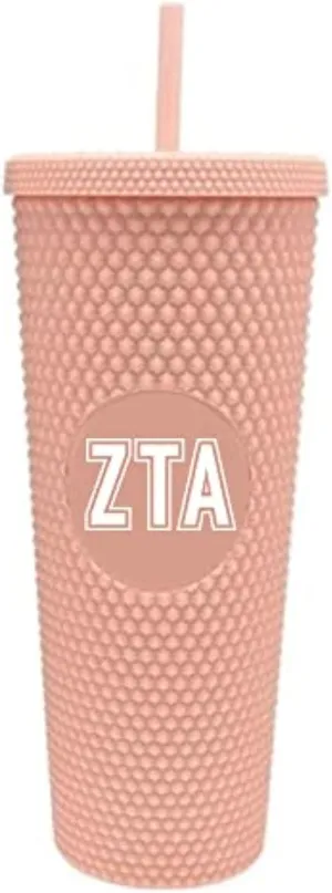 Sorority Shop Zeta Tau Alpha Studded Tumbler with Straw - 24 Oz Tumbler with Lid and Straw, Matte Coral, Reusable Plastic Cup with Screen Printed Greek Letters for Water, Ice Coffee or Any Drink