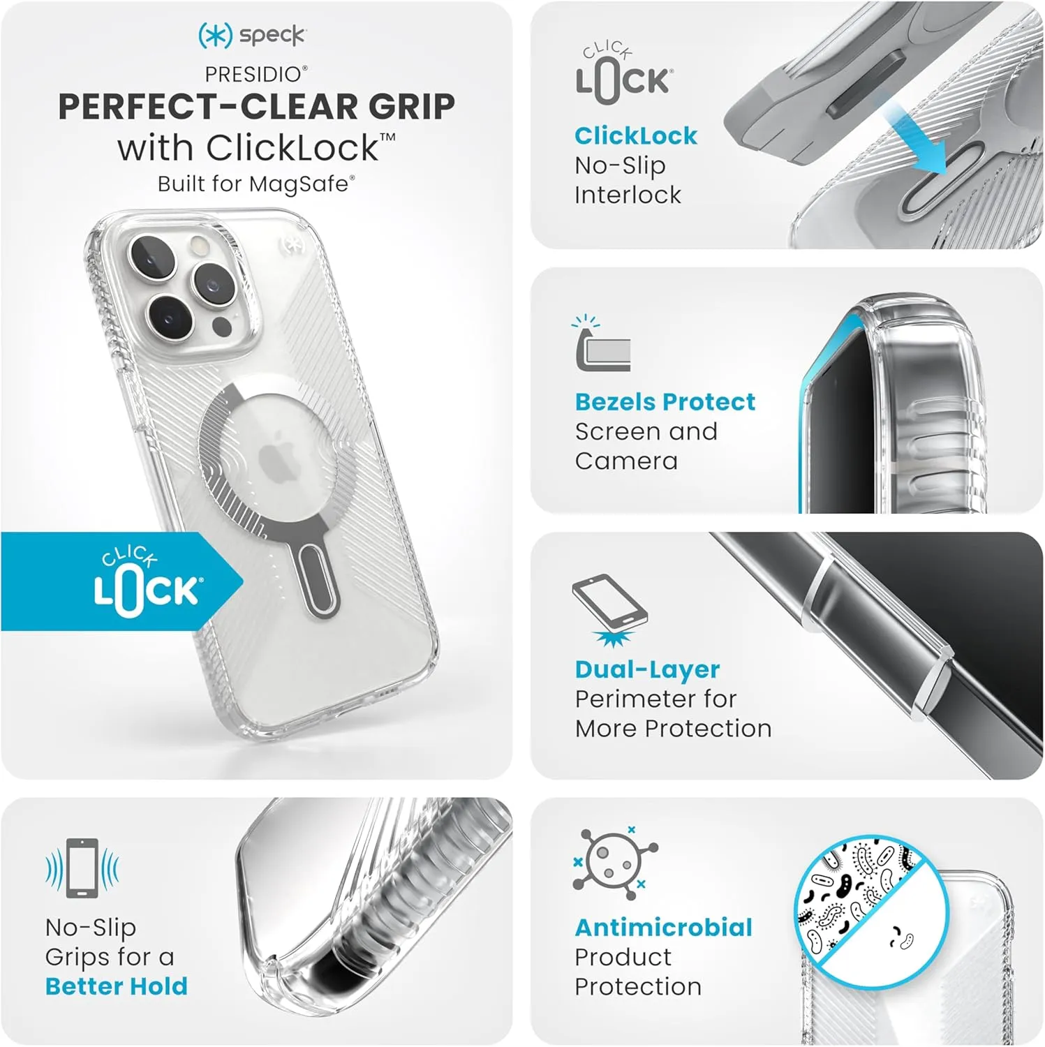 Speck Clear iPhone 16 Pro Max Case MagSafe   ClickLock - Slim Phone Case iPhone 16 Pro Max - iPhone 16 Pro Max Phone Case - Presidio - Clear/Chrome