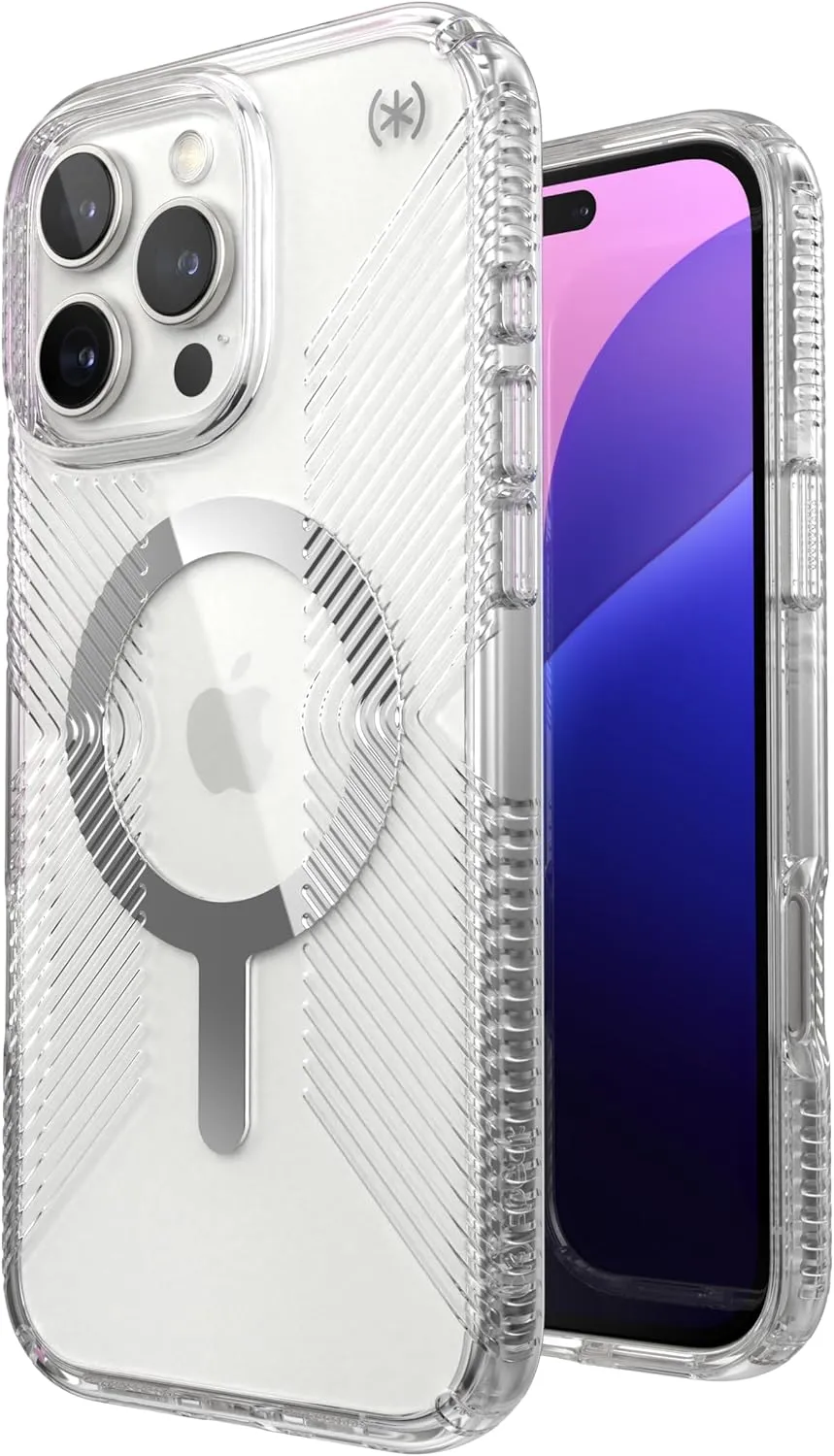 Speck Presidio Clear MagSafe Case - Slim iPhone 16 Pro Max Case - No-Slip Grip - 13ft Drop Protection - Clear/Chrome