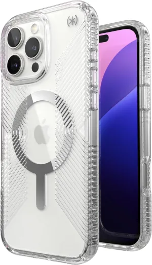 Speck Presidio Clear MagSafe Case - Slim iPhone 16 Pro Max Case - No-Slip Grip - 13ft Drop Protection - Clear/Chrome