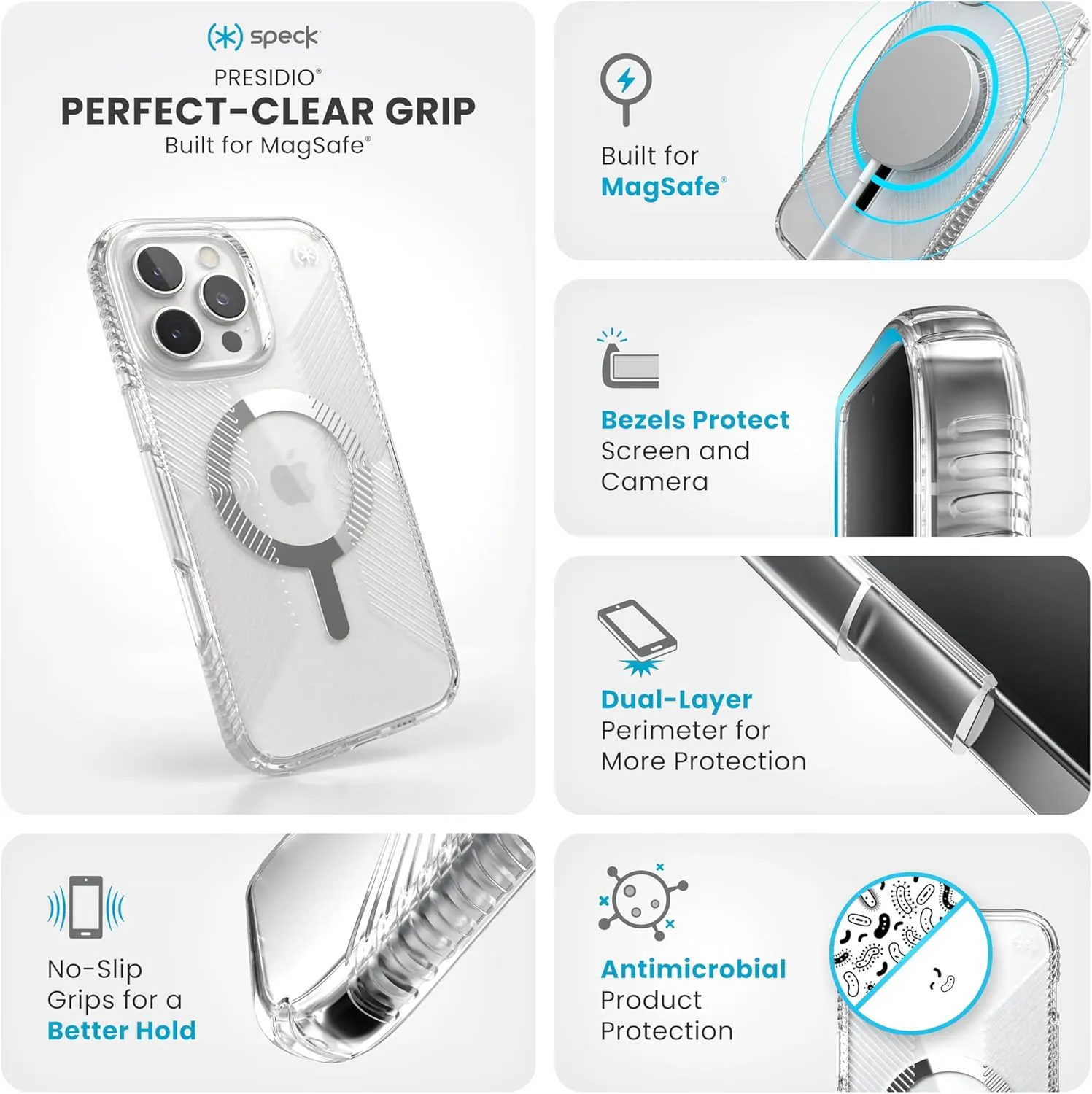 Speck Presidio Clear MagSafe Case - Slim iPhone 16 Pro Max Case - No-Slip Grip - 13ft Drop Protection - Clear/Chrome