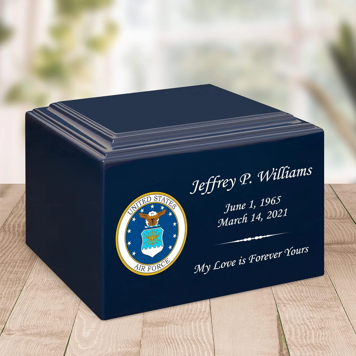 Stonewood Large Full Color Air Force Emblem Cremation Urn for Human Ashes - Composite Wood Cremation Urn for Adult Ashes - 280 Cubic Inch Capacity -Personalization Included