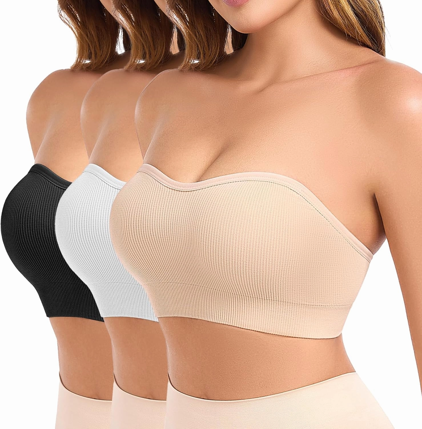 Strapless Bras for Women Non-Slip Padded Bandeau Bra Wireless Tube Top Bra Including Clear Straps