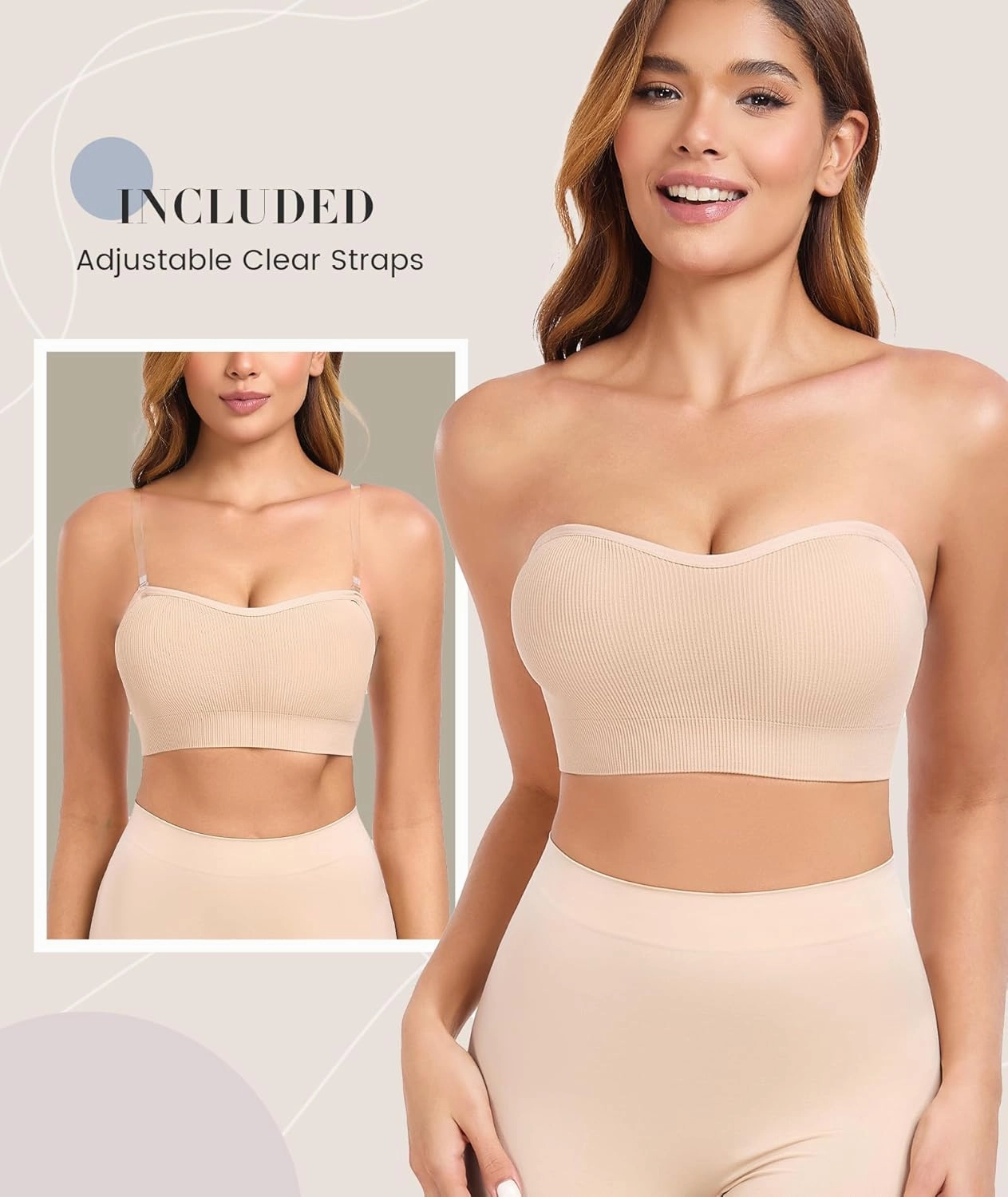 Strapless Bras for Women Non-Slip Padded Bandeau Bra Wireless Tube Top Bra Including Clear Straps