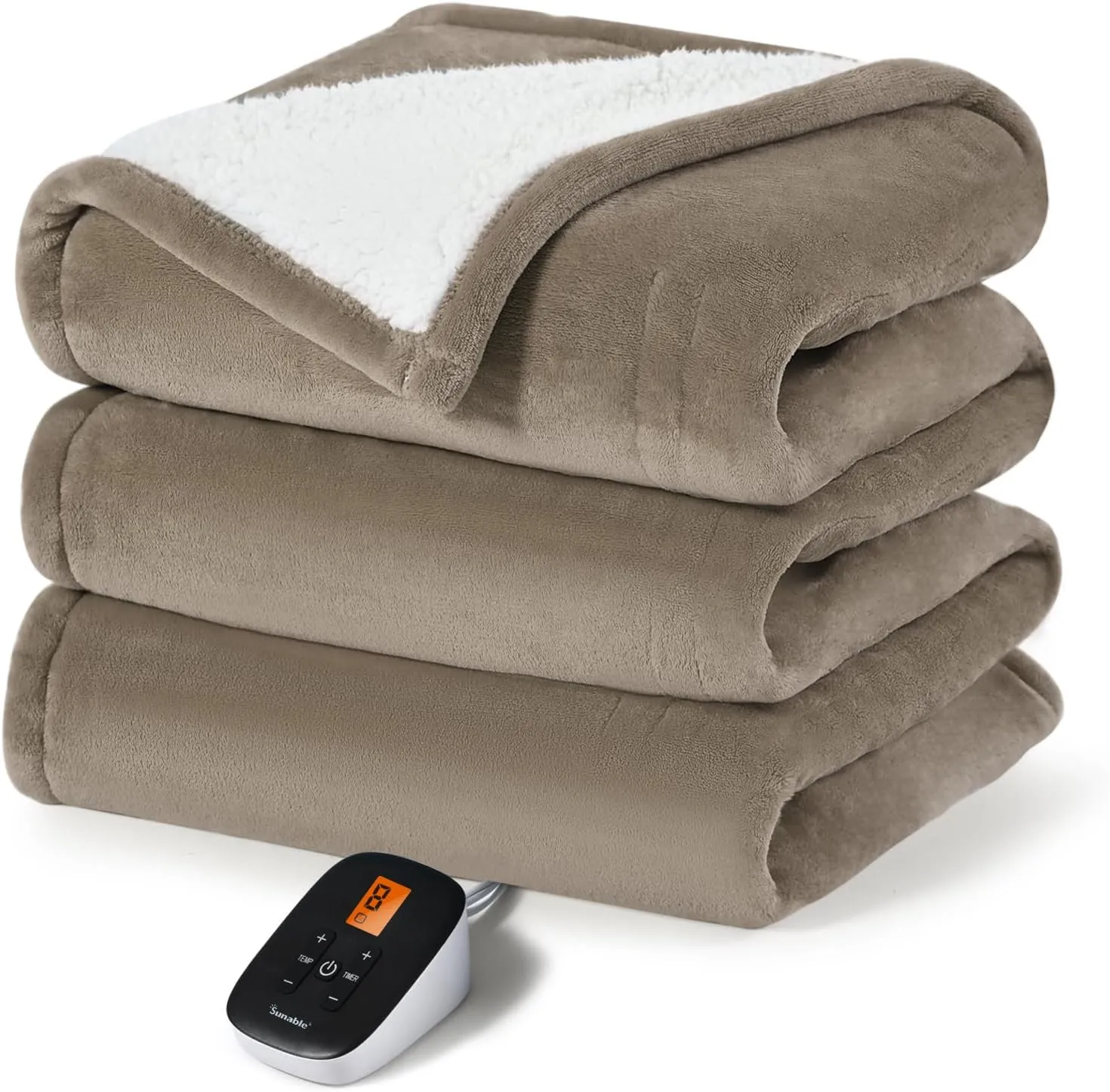 Sunable Heated Electric Blanket - Machine Washable Heating Blanket with Time Settings 10 Heat Settings Full Size 77×84 inches, ETL Certified, Taupe - Velvet & Sherpa