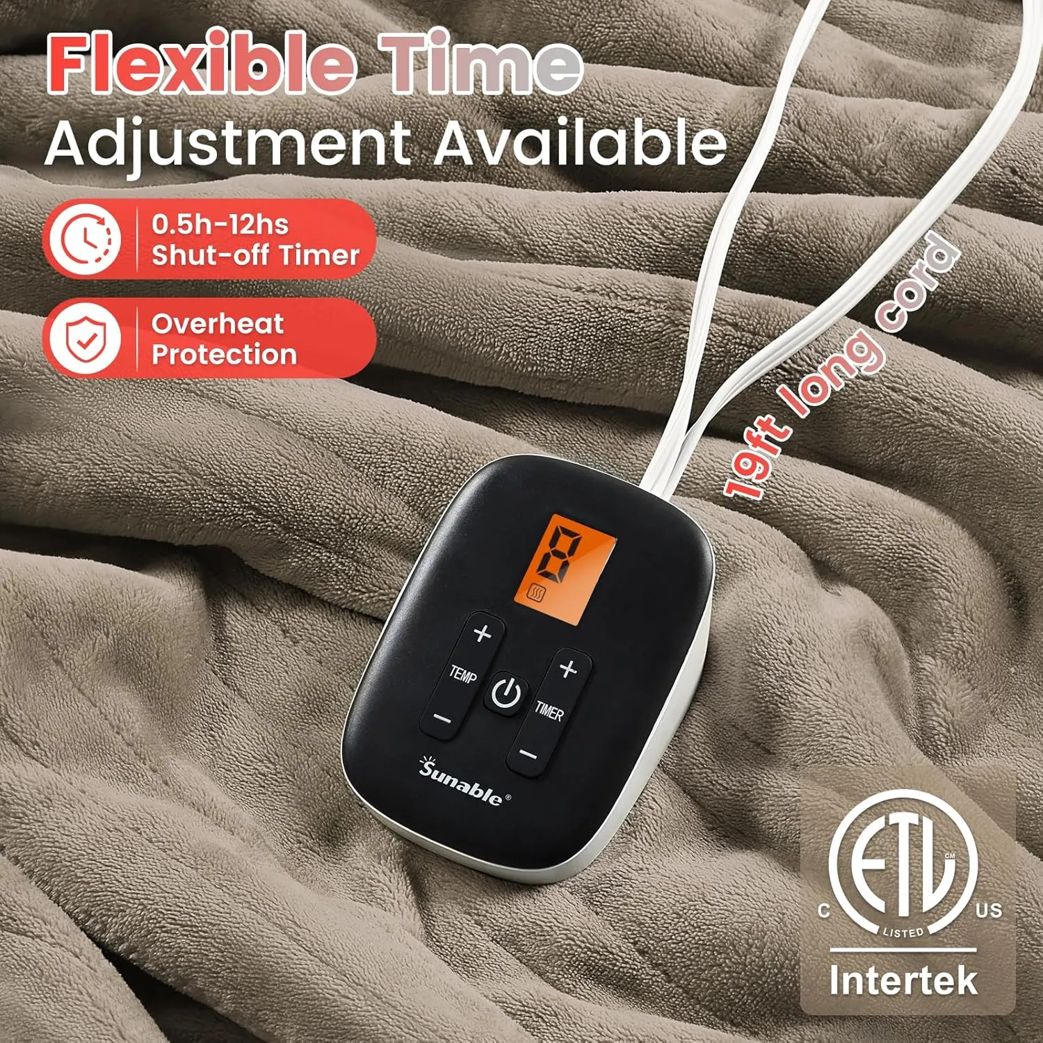 Sunable Heated Electric Blanket - Machine Washable Heating Blanket with Time Settings 10 Heat Settings Full Size 77×84 inches, ETL Certified, Taupe - Velvet & Sherpa