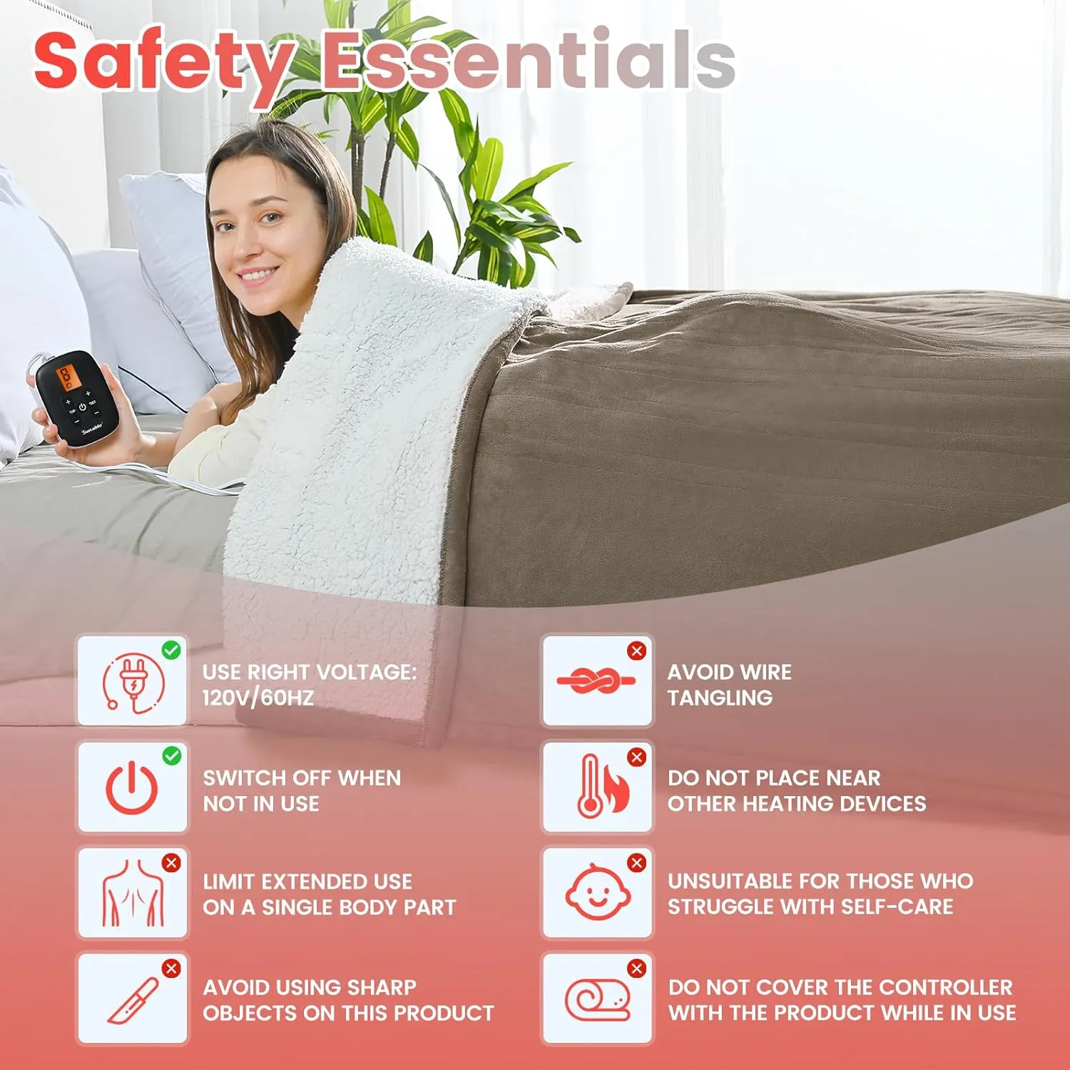 Sunable Heated Electric Blanket - Machine Washable Heating Blanket with Time Settings 10 Heat Settings Full Size 77×84 inches, ETL Certified, Taupe - Velvet & Sherpa