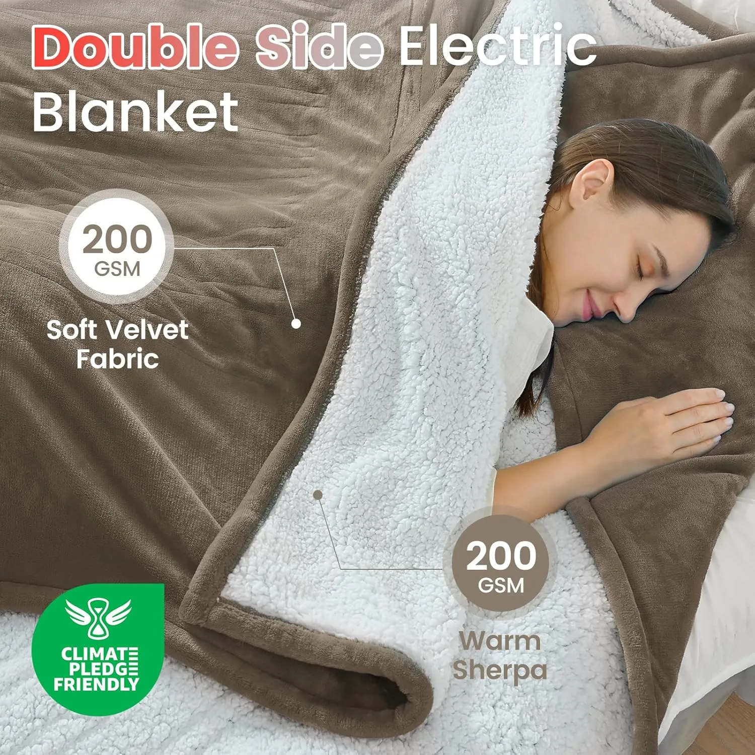 Sunable Heated Electric Blanket - Machine Washable Heating Blanket with Time Settings 10 Heat Settings Full Size 77×84 inches, ETL Certified, Taupe - Velvet & Sherpa
