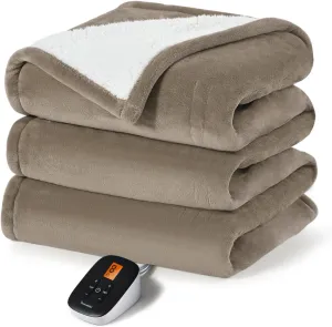 Sunable Heated Electric Blanket - Machine Washable Heating Blanket with Time Settings 10 Heat Settings Full Size 77×84 inches, ETL Certified, Taupe - Velvet & Sherpa