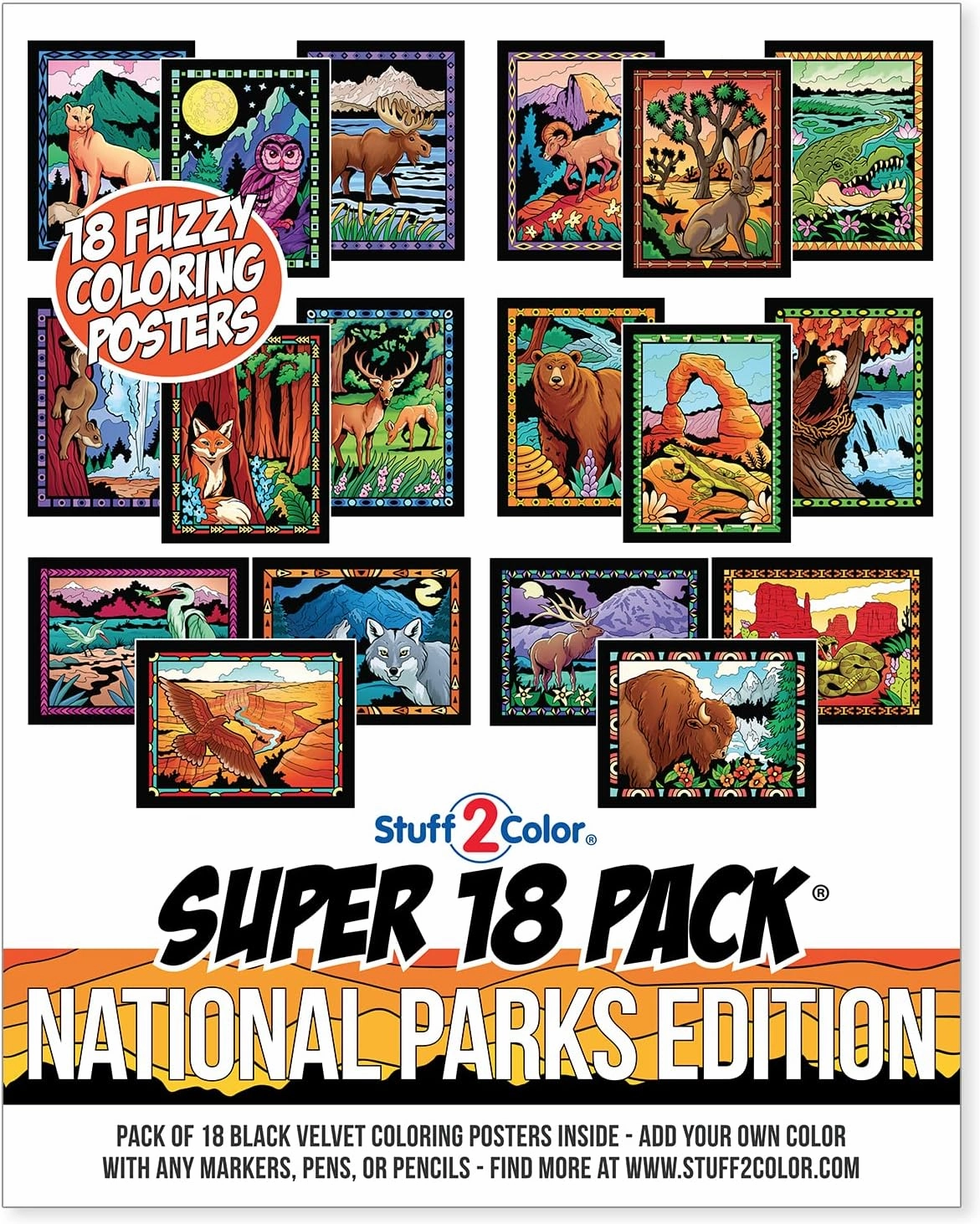 Super Pack of 18 Fuzzy Velvet Coloring Posters (National Parks Edition) - Great for Family Time, Arts & Crafts, Travel, At Home, Care Facilities [All Ages: Girls, Boys, Adults, Toddlers, Teens]