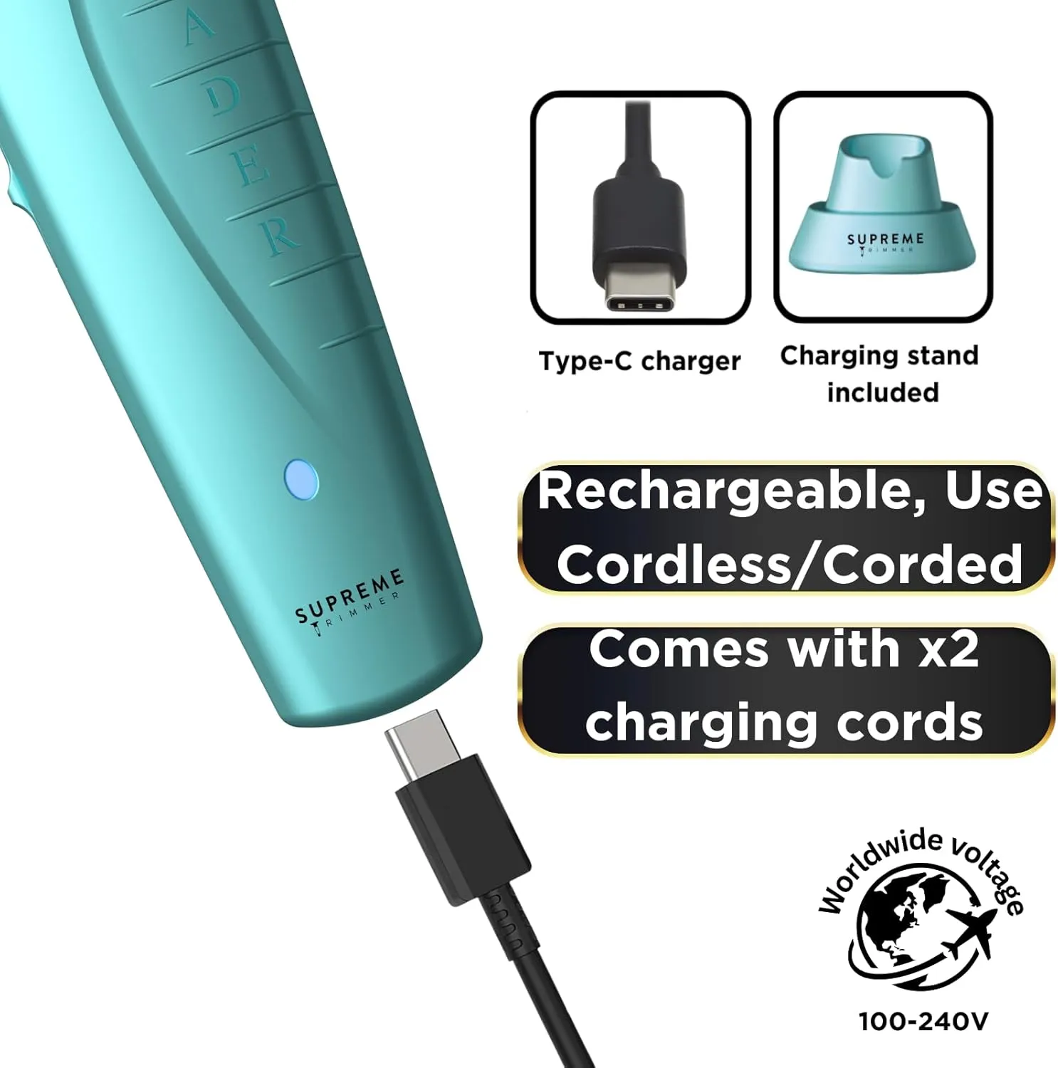 Supreme Trimmer Vader Professional Liner Trimmer for Barbers with 210 Min Run Time, Professional Motor, Sharp DLC T-Blade, USB-C Charge Clipper | ST3778