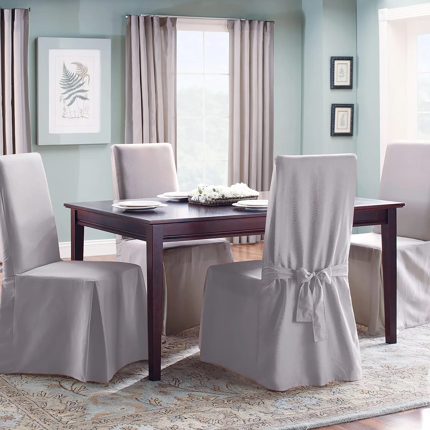 SureFit Cotton Canvas Dining Chair One Piece Slipcover, Full Length Skirt and Back Ties, Relaxed Fit, High Back Armless Chair Cover, Gray Color