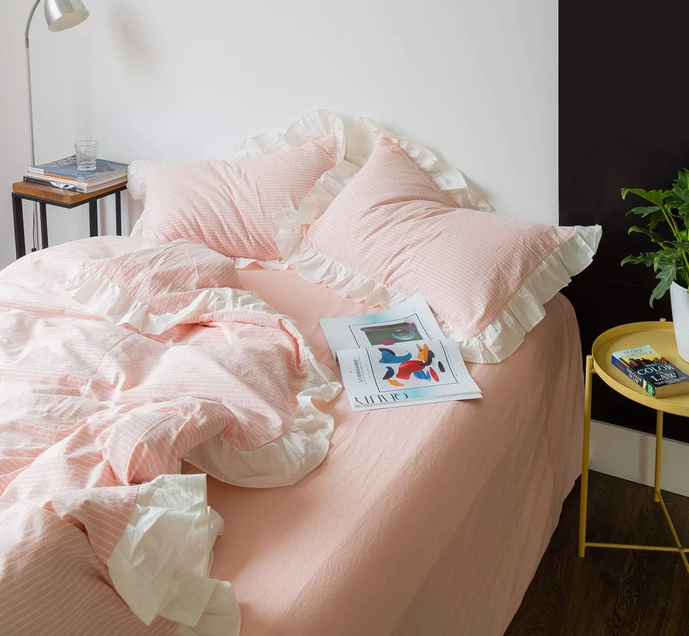 SUSYBAO Pink Striped Duvet Cover Queen 100% Washed Cotton Vintage Ruffle Duvet Cover Set 3 Piece 1 Peach Ruffle Duvet Cover with Zipper Ties 2 Pillow Shams Luxury Soft Kawaii Pink Ruffle Bedding Set