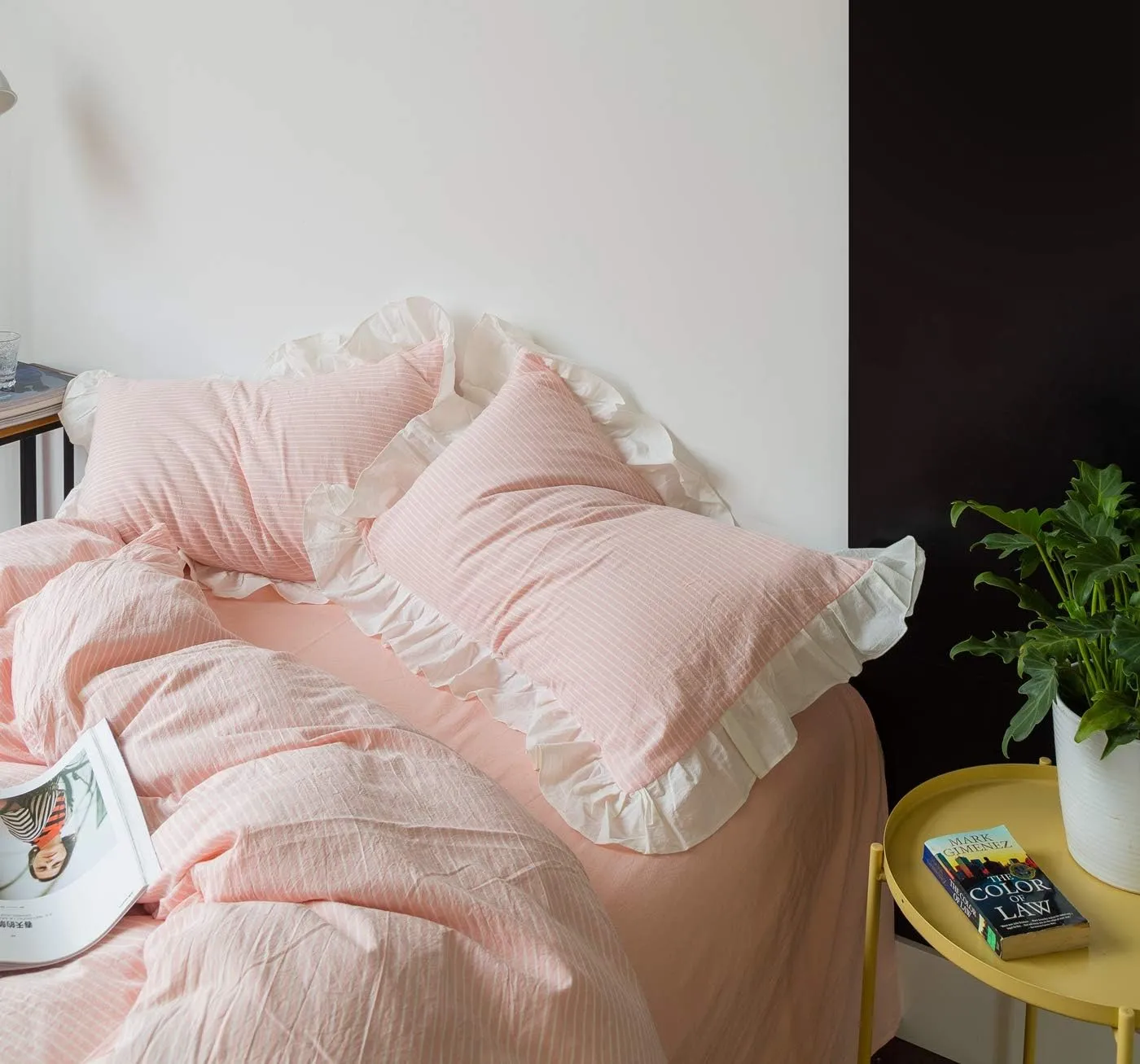 SUSYBAO Pink Striped Duvet Cover Queen 100% Washed Cotton Vintage Ruffle Duvet Cover Set 3 Piece 1 Peach Ruffle Duvet Cover with Zipper Ties 2 Pillow Shams Luxury Soft Kawaii Pink Ruffle Bedding Set