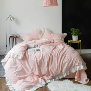 SUSYBAO Pink Striped Duvet Cover Queen 100% Washed Cotton Vintage Ruffle Duvet Cover Set 3 Piece 1 Peach Ruffle Duvet Cover with Zipper Ties 2 Pillow Shams Luxury Soft Kawaii Pink Ruffle Bedding Set
