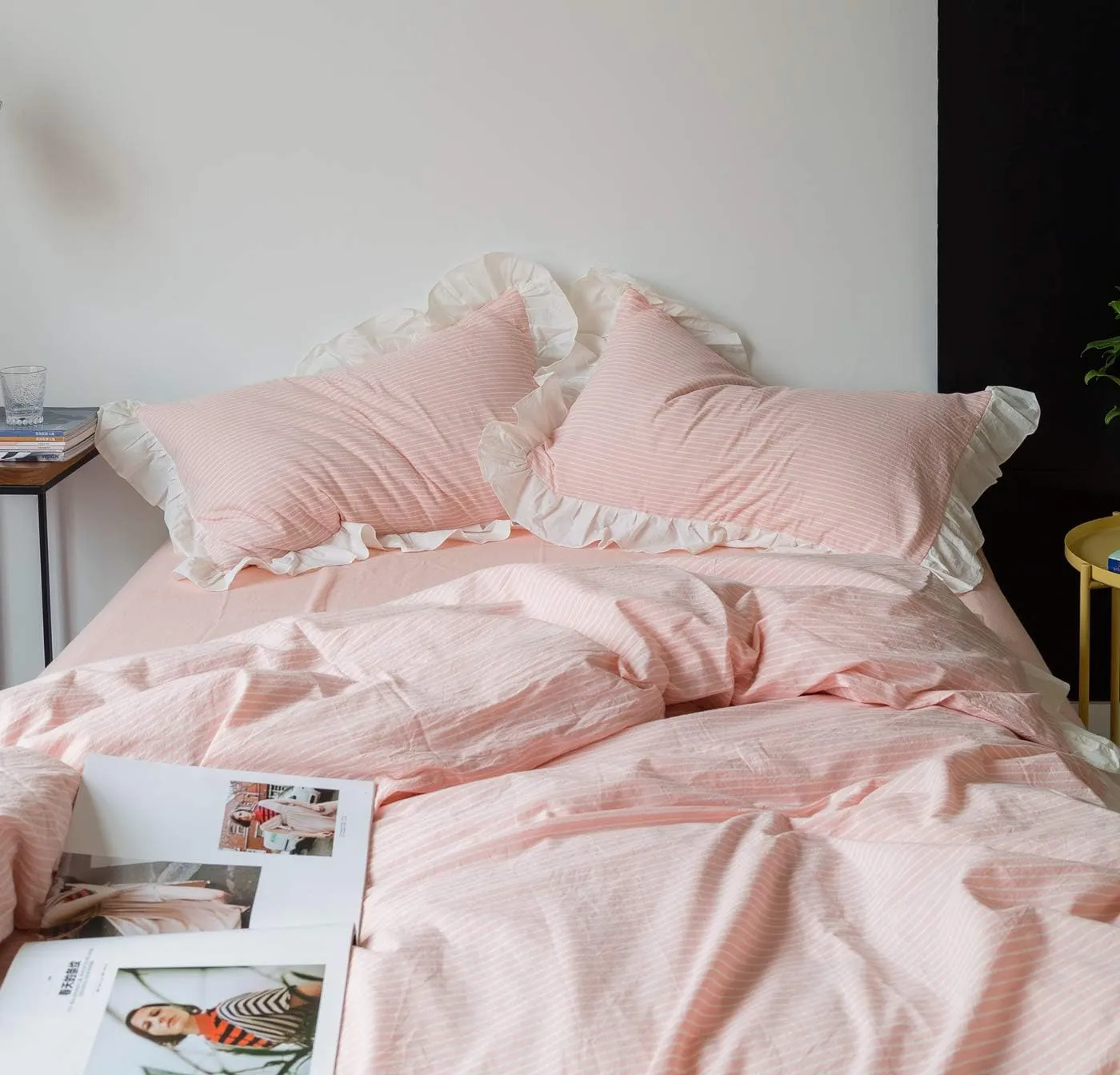 SUSYBAO Pink Striped Duvet Cover Queen 100% Washed Cotton Vintage Ruffle Duvet Cover Set 3 Piece 1 Peach Ruffle Duvet Cover with Zipper Ties 2 Pillow Shams Luxury Soft Kawaii Pink Ruffle Bedding Set