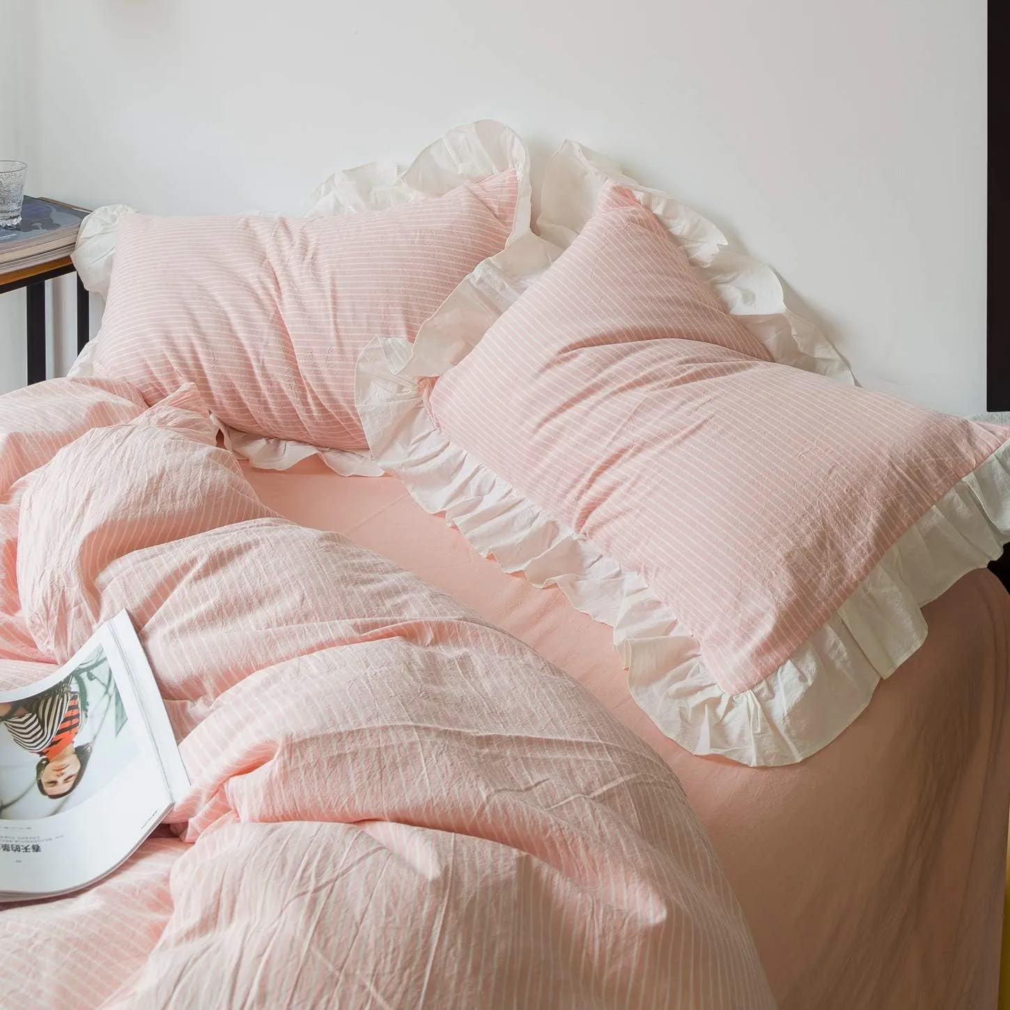 SUSYBAO Pink Striped Duvet Cover Queen 100% Washed Cotton Vintage Ruffle Duvet Cover Set 3 Piece 1 Peach Ruffle Duvet Cover with Zipper Ties 2 Pillow Shams Luxury Soft Kawaii Pink Ruffle Bedding Set
