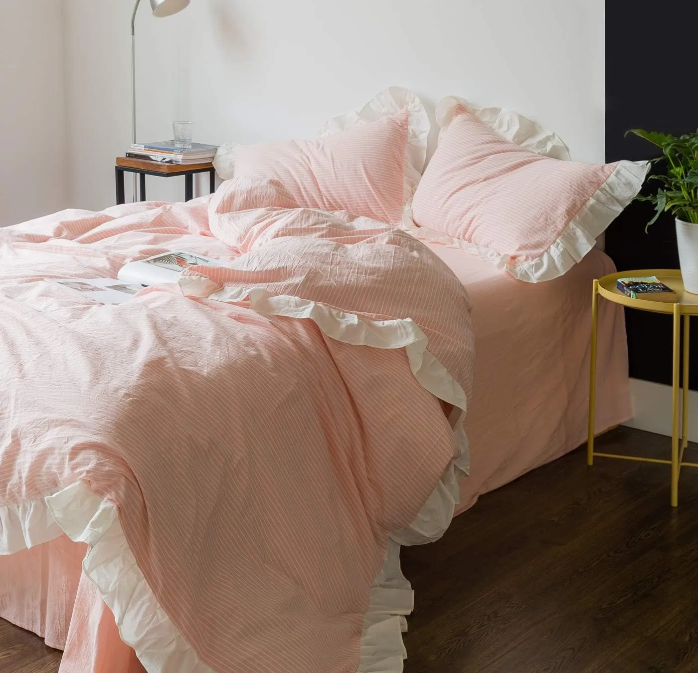 SUSYBAO Pink Striped Duvet Cover Queen 100% Washed Cotton Vintage Ruffle Duvet Cover Set 3 Piece 1 Peach Ruffle Duvet Cover with Zipper Ties 2 Pillow Shams Luxury Soft Kawaii Pink Ruffle Bedding Set