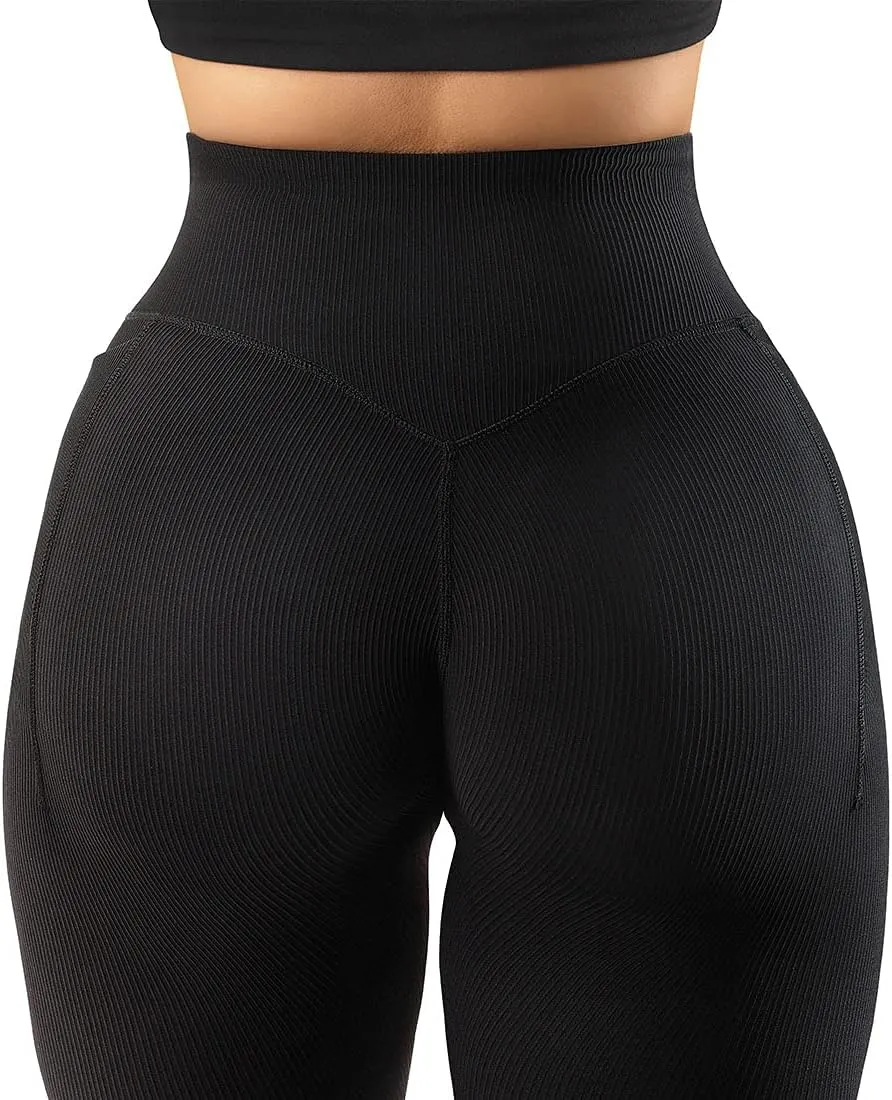 SUUKSESS Women Ribbed Seamless Leggings High Waisted Workout Gym Yoga Pants