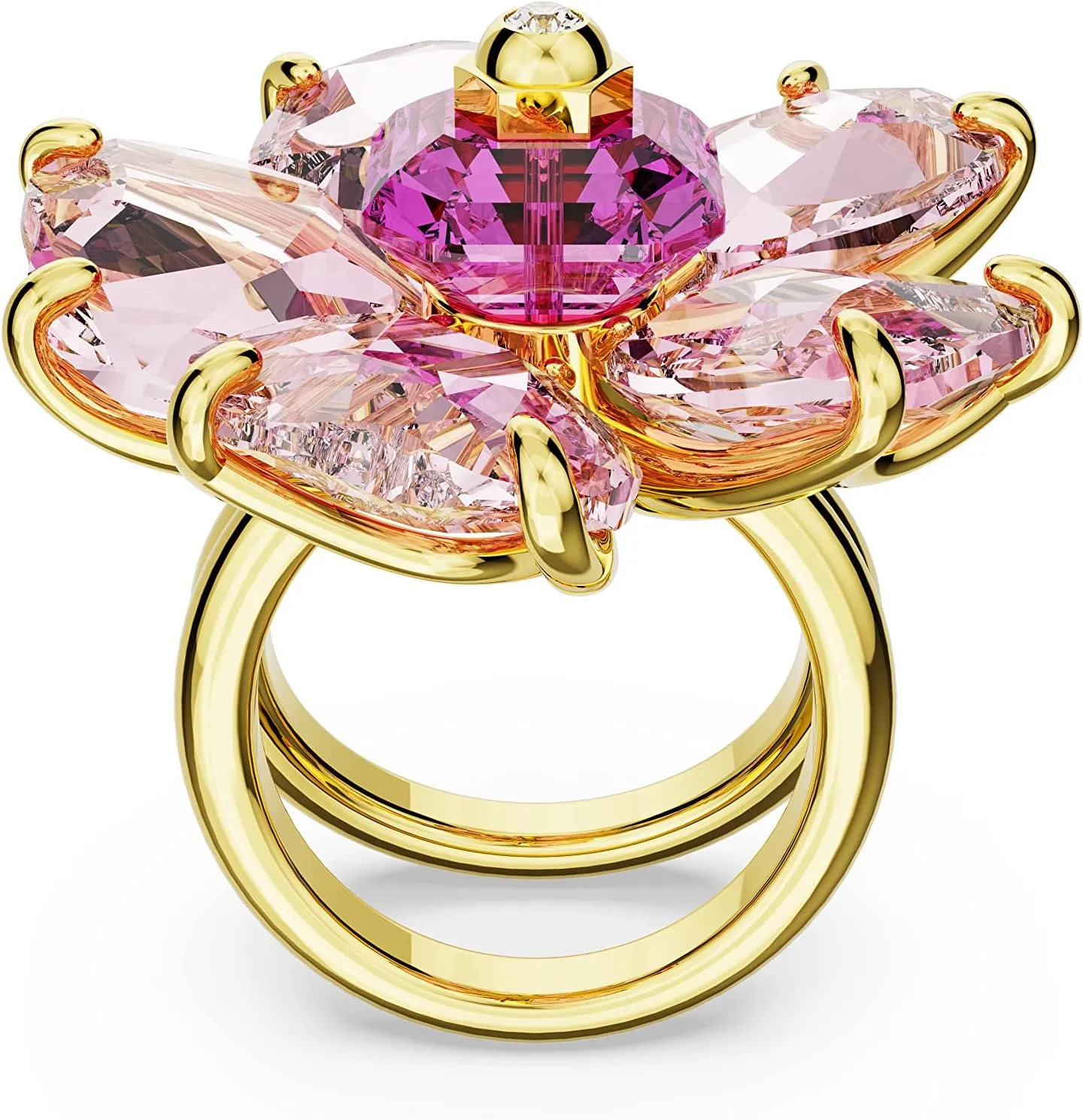 SWAROVSKI Florere Cocktail Ring, Flower Motif with Pink Crystals on a Gold-Tone Finished Double Band
