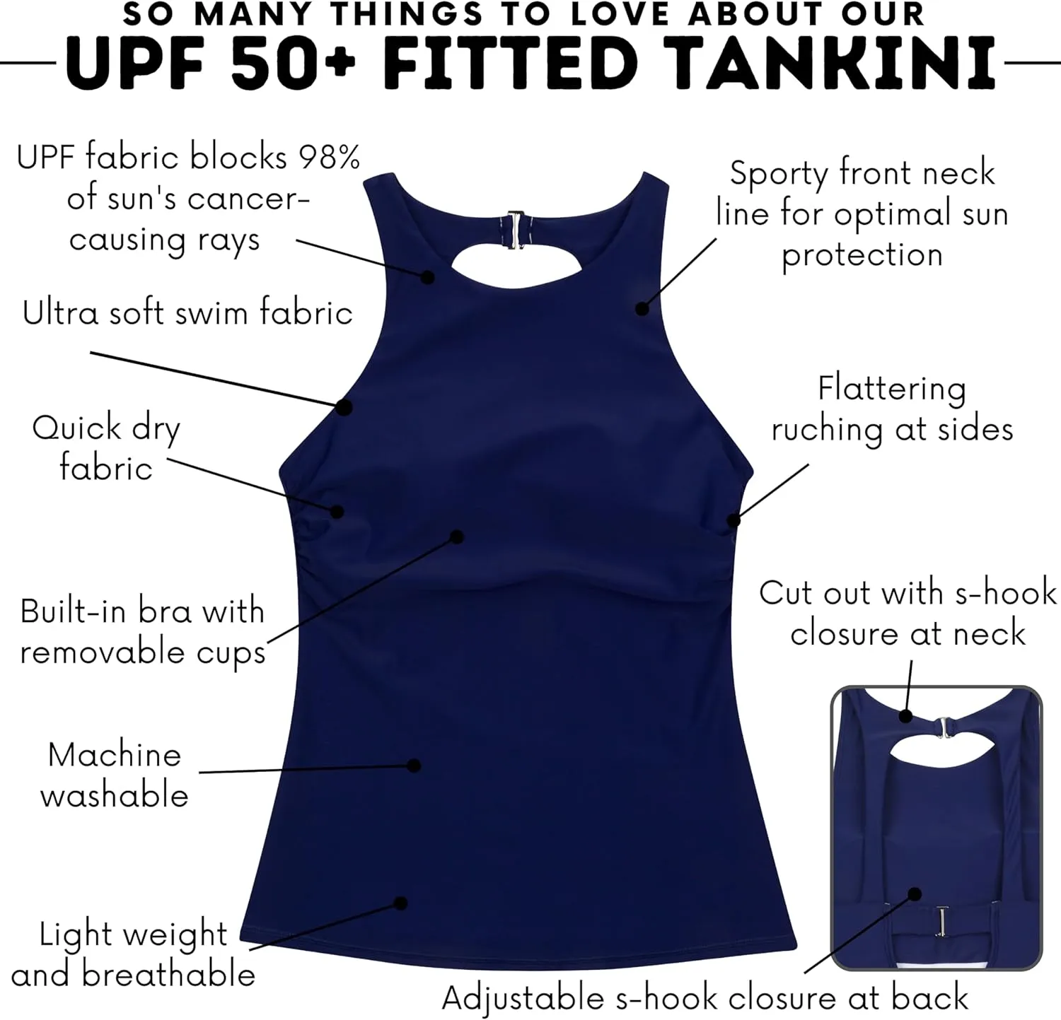 SwimZip Women's High Neck Fitted Tankini Swim Shirt - UPF 50  Sun Protection