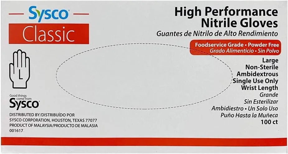 SYSCO HIGH Performance Nitrile Gloves Large Powder Free, Blue, Clear, 100 Count