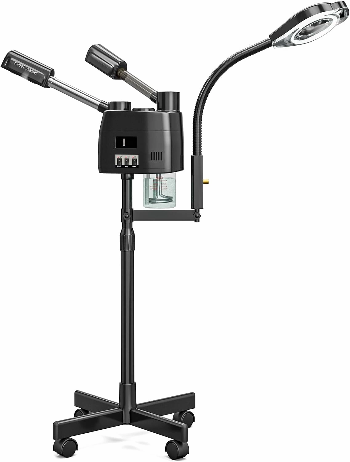 SyyBhb Professional Facial Steamer on Wheels for Esthetician, Black 3 in 1 Esthetician Steamer with 5X LED Magnifying Lamp, Hot & Cold Mist