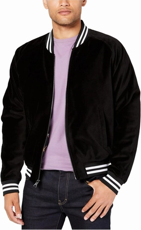 Tallia Mens Velvet Embroidered Bomber Jacket, Black, Medium