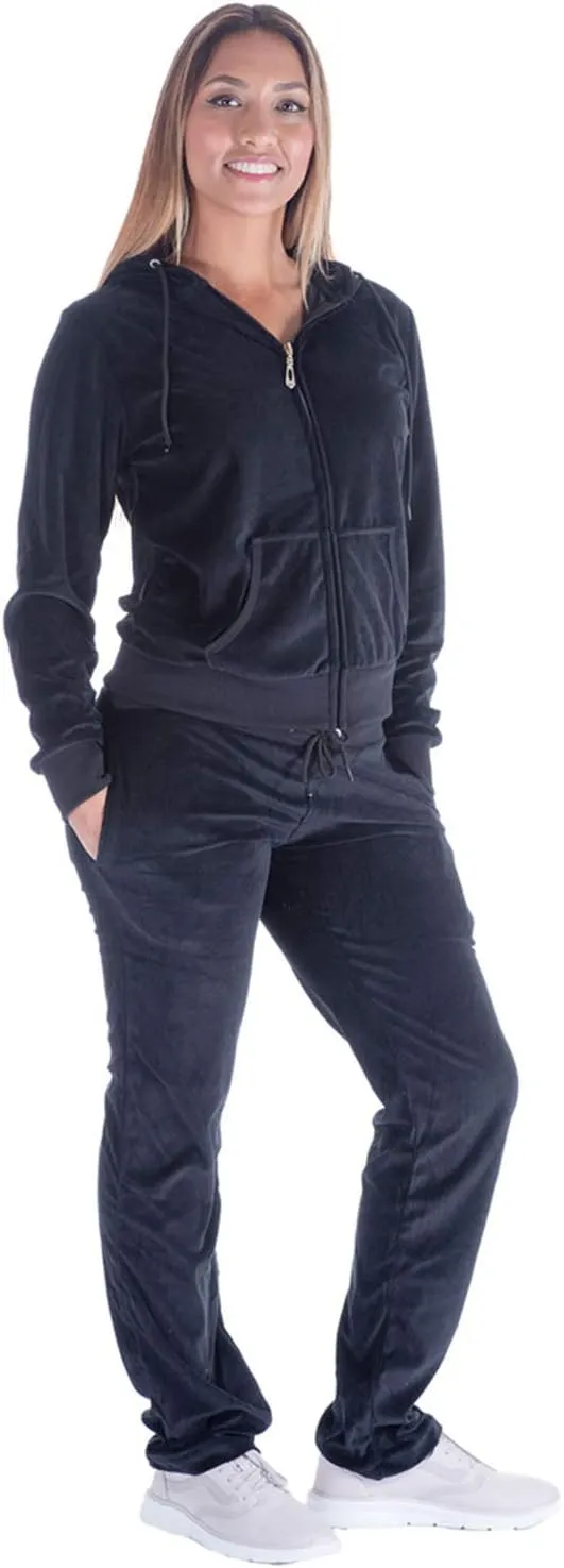 TanBridge Women's 2 Piece Solid Velvet Tracksuit Set Full Zip-up Hooded Sweatshirts & Pants Set