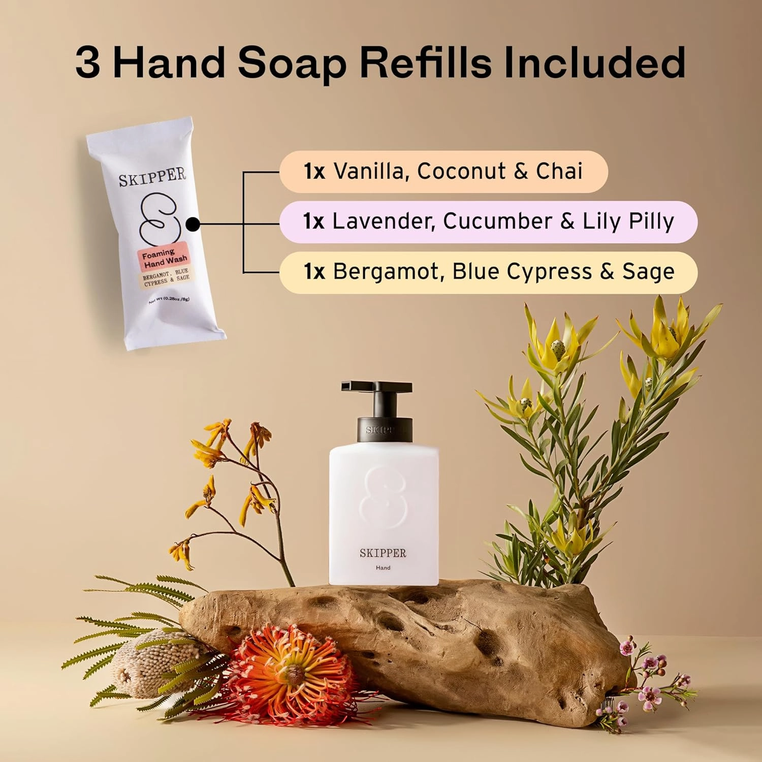 Tirtyl Skipper Hand Wash Single Kit - 1 Recycled Plastic Foaming Dispenser   3 Tablet Refills (3x 8 fl oz bottles of soap) - Variety Fragrances