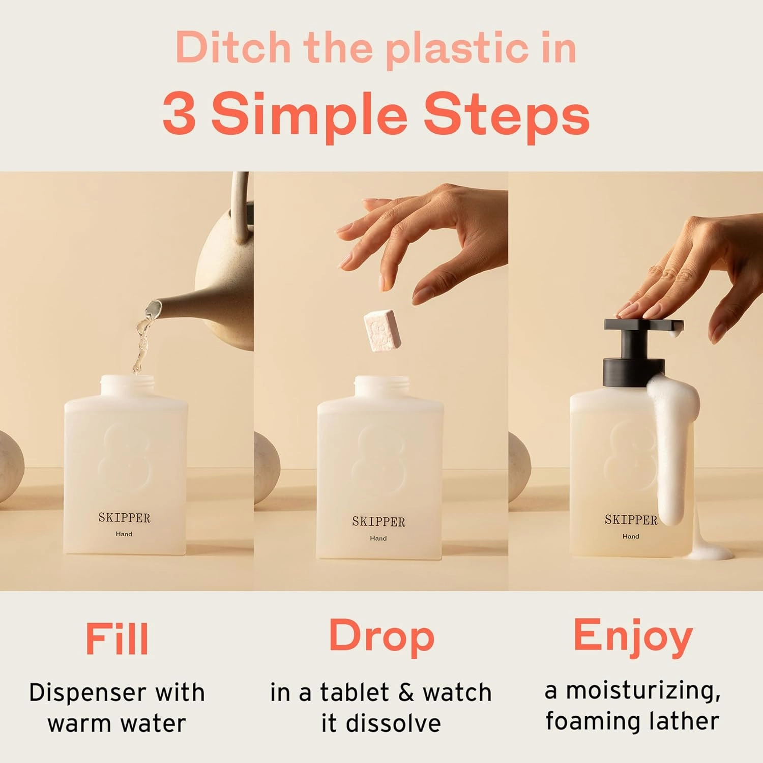 Tirtyl Skipper Hand Wash Single Kit - 1 Recycled Plastic Foaming Dispenser   3 Tablet Refills (3x 8 fl oz bottles of soap) - Variety Fragrances