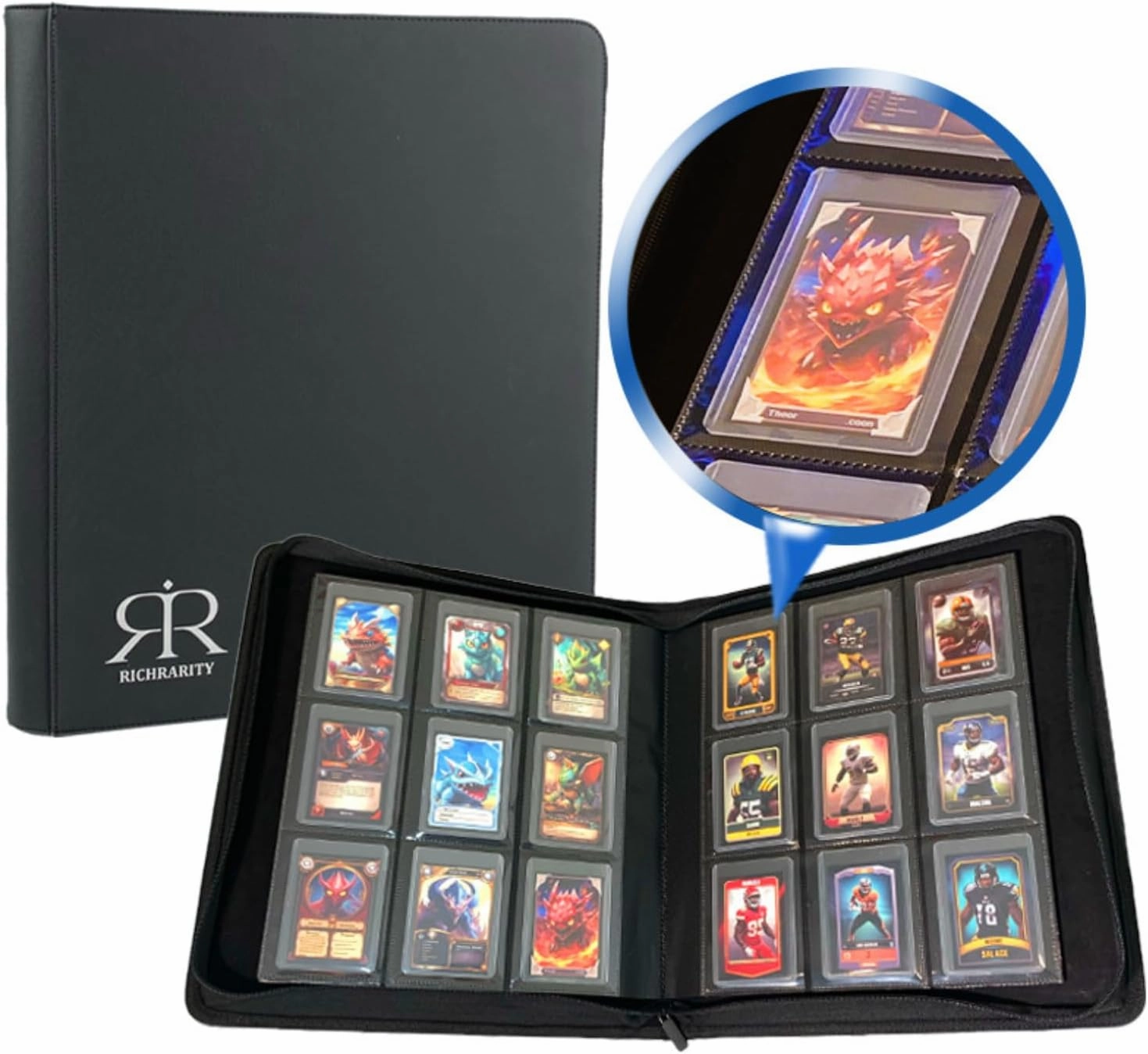 Top Loader Card Binder | Holds 360 Toploaders | ROTHRATHER 9 Pocket Top Loader Card Storage with Sleeves for 3" x 4" Card Holders for Trading Cards or Sports Cards (Black)