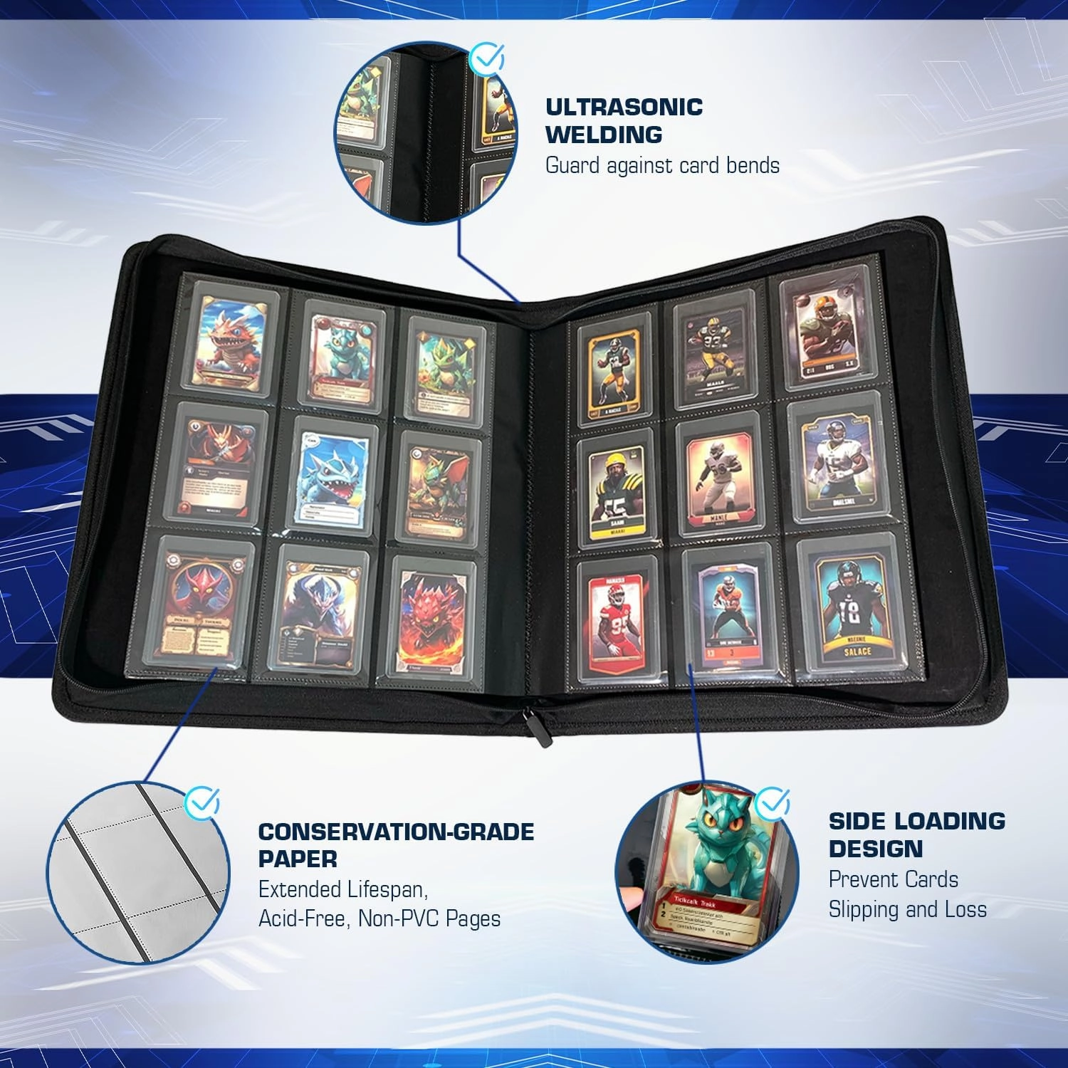 Top Loader Card Binder | Holds 360 Toploaders | ROTHRATHER 9 Pocket Top Loader Card Storage with Sleeves for 3" x 4" Card Holders for Trading Cards or Sports Cards (Black)