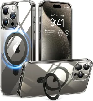 TORRAS Magnetic Ostand Designed for iPhone 15 Pro Max Case, [Military Grade Drop Tested][Compatible with MagSafe][Built in Kickstand] Clear Slim Hard Back Soft Edge Anti-Fingerprint, Clear Grey