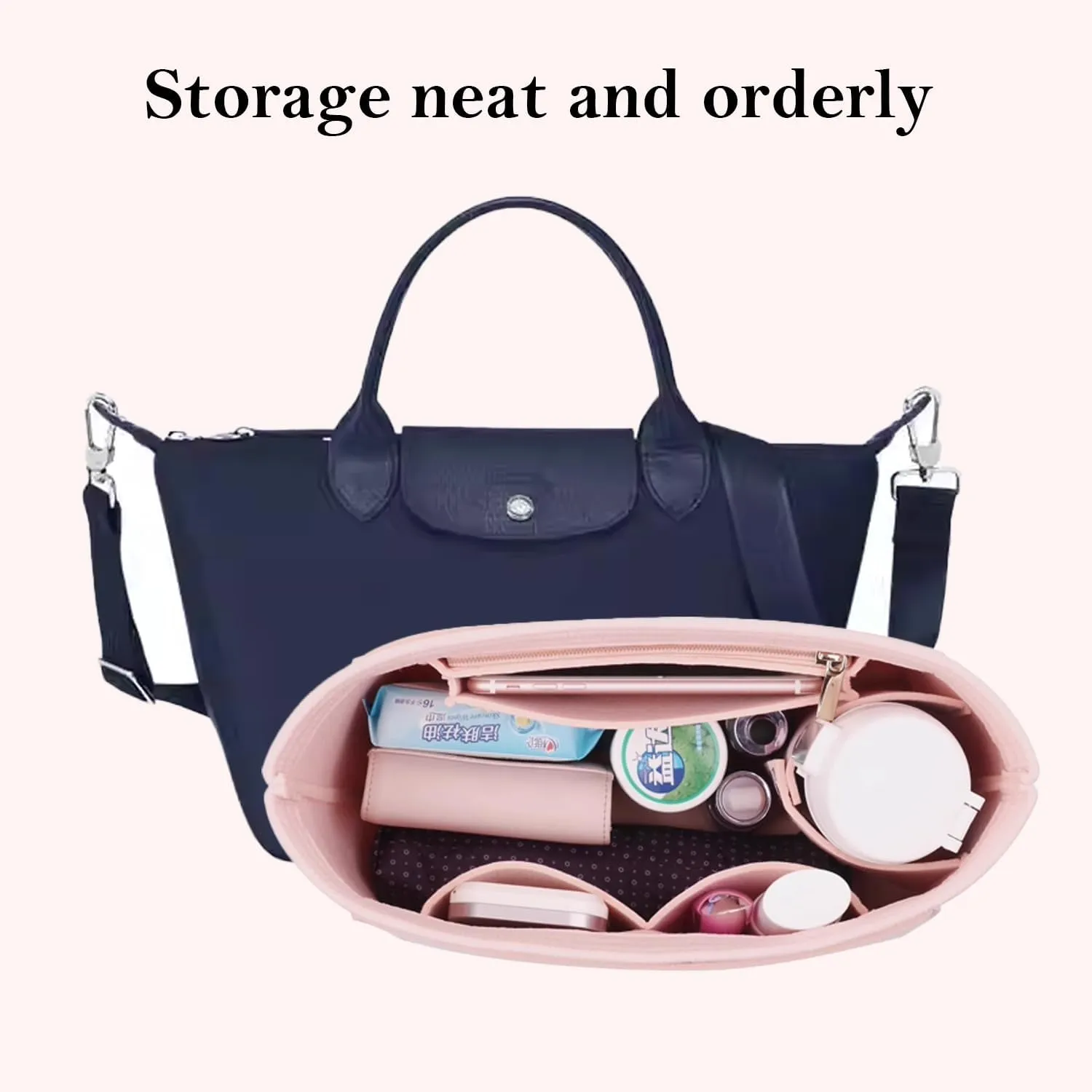 Tote organizer, Longchamp organizer insert for Longchamp Le Pliage Neo crossbody bag (M(14.5x5.9x9.8), Pink)