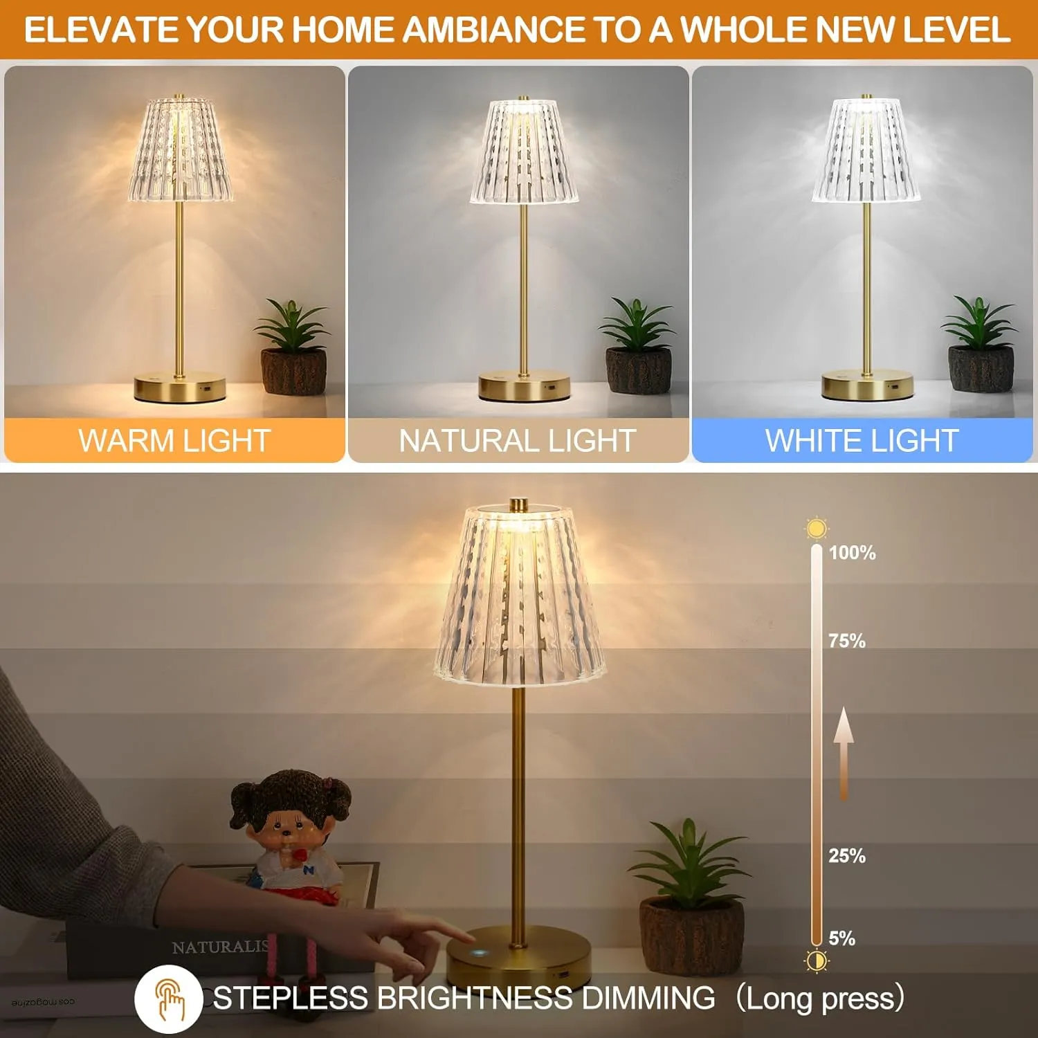 Touch Table Lamp, Stepless Dimming Crystal LED Lamp with 3 Modes, Rechargeable Battery Powered Small Nightstand Lamp, Metal Modern Cordless Bedside Lamps for Bedroom, Read, Office, Home Bar (Gold)