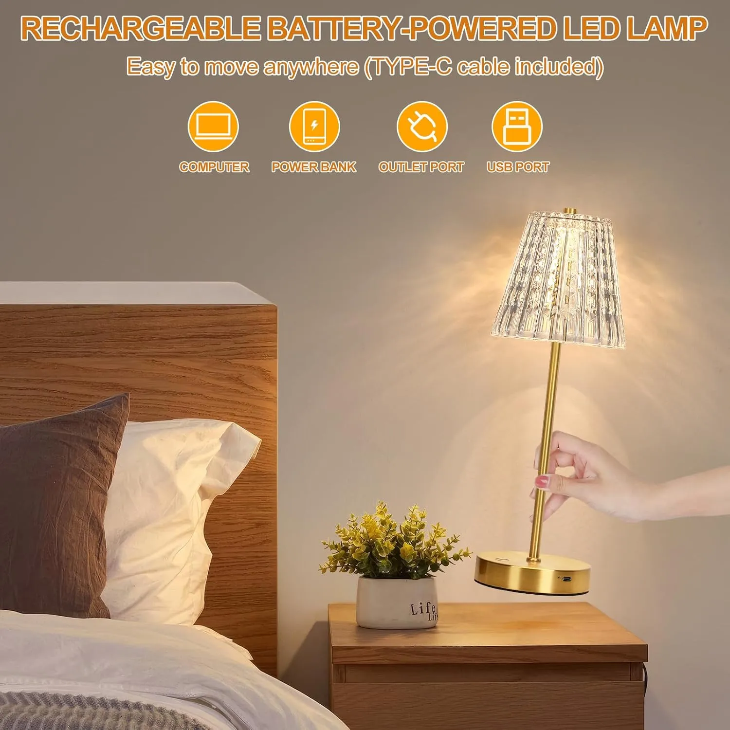 Touch Table Lamp, Stepless Dimming Crystal LED Lamp with 3 Modes, Rechargeable Battery Powered Small Nightstand Lamp, Metal Modern Cordless Bedside Lamps for Bedroom, Read, Office, Home Bar (Gold)
