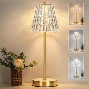 Touch Table Lamp, Stepless Dimming Crystal LED Lamp with 3 Modes, Rechargeable Battery Powered Small Nightstand Lamp, Metal Modern Cordless Bedside Lamps for Bedroom, Read, Office, Home Bar (Gold)