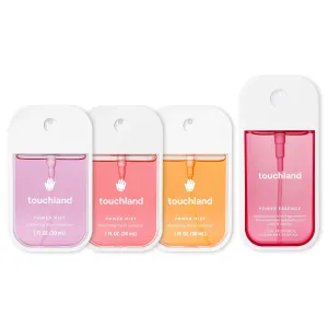 Touchland JUICY BLISS SET, Power Mist Hydrating Hand Sanitizer Spray, (Watermelon, Berry, Peach) 1 FL. OZ.   Lush Tropicale Body & Hair Fragrance Mist, 2 FL. OZ.  , Travel Size Set