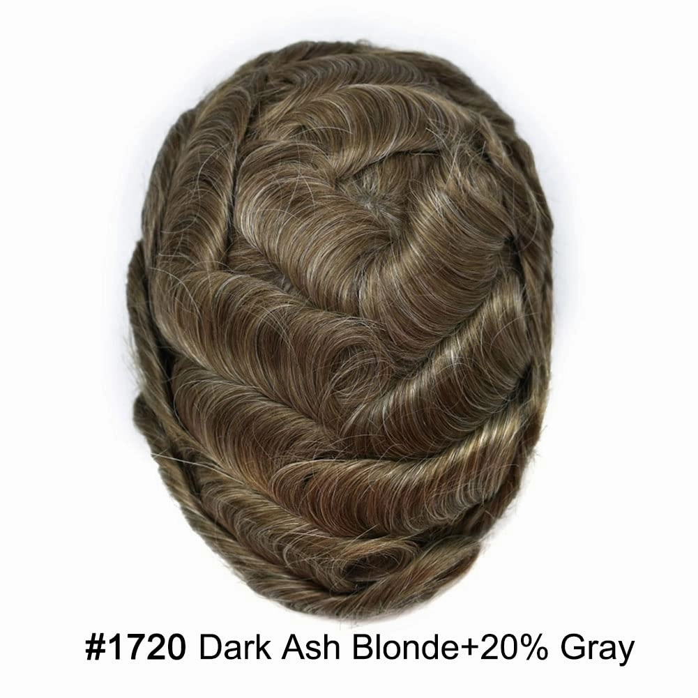 Toupee For Men Hair Replacement System Real Human Hair Piece For Men Swiss Lace Mens Toupee Hair System For Men 8x10 100% light to medium density#1720 17# DARK ASH BLONDE 20% GREY