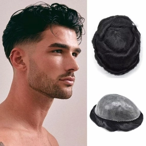 Toupee for Men Hair System Full Poly Mens Toupee Injected PU Mens Hairpieces Soft European Human Hair Units Durable Mens Hair Piece Medium Density6X8"-120% Density-#1 Jet Black
