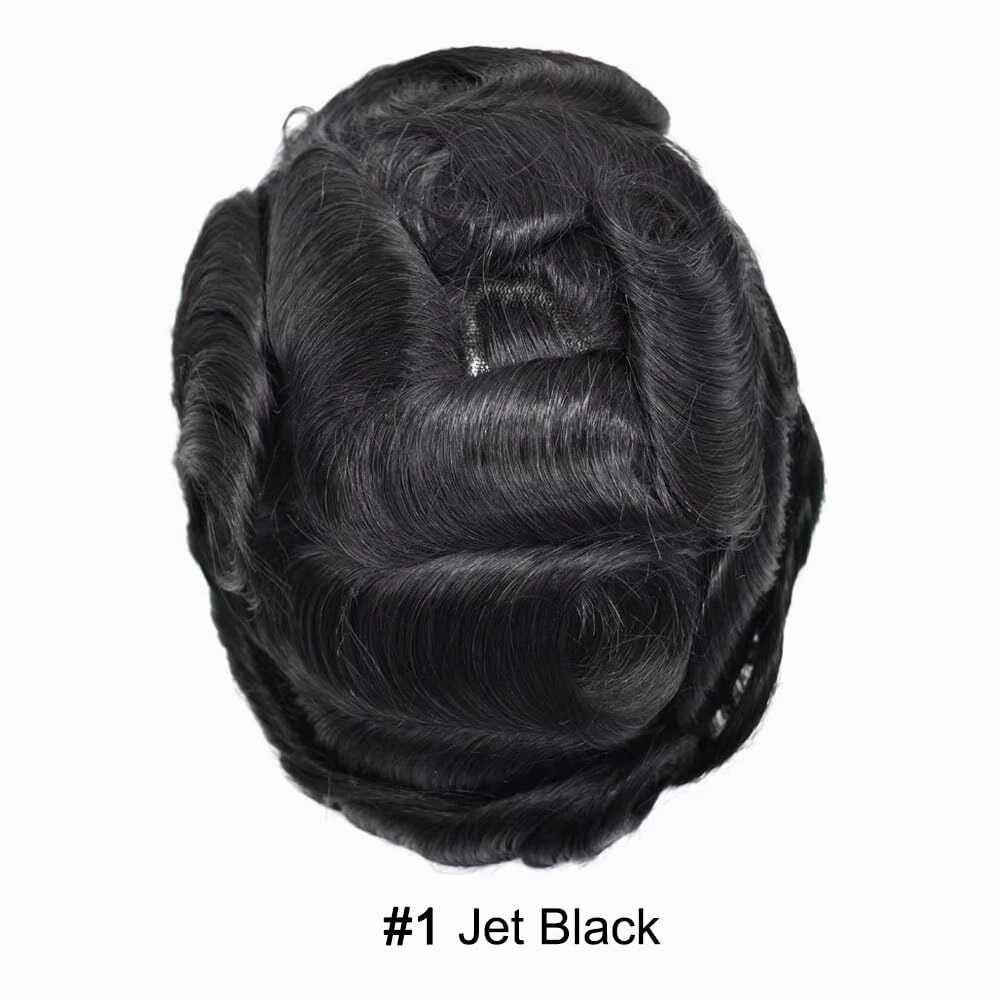 Toupee for Men Hair System Full Poly Mens Toupee Injected PU Mens Hairpieces Soft European Human Hair Units Durable Mens Hair Piece Medium Density6X8"-120% Density-#1 Jet Black