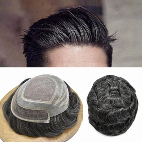 Toupee For Men Real Human Hair Pieces Fine Mono Mens Hair Replacement System French Lace Mens Toupee Hair Piece For Men Hair System For Men 8x10 Medium light density #1B20 1B# OFF BLACK 20% GREY
